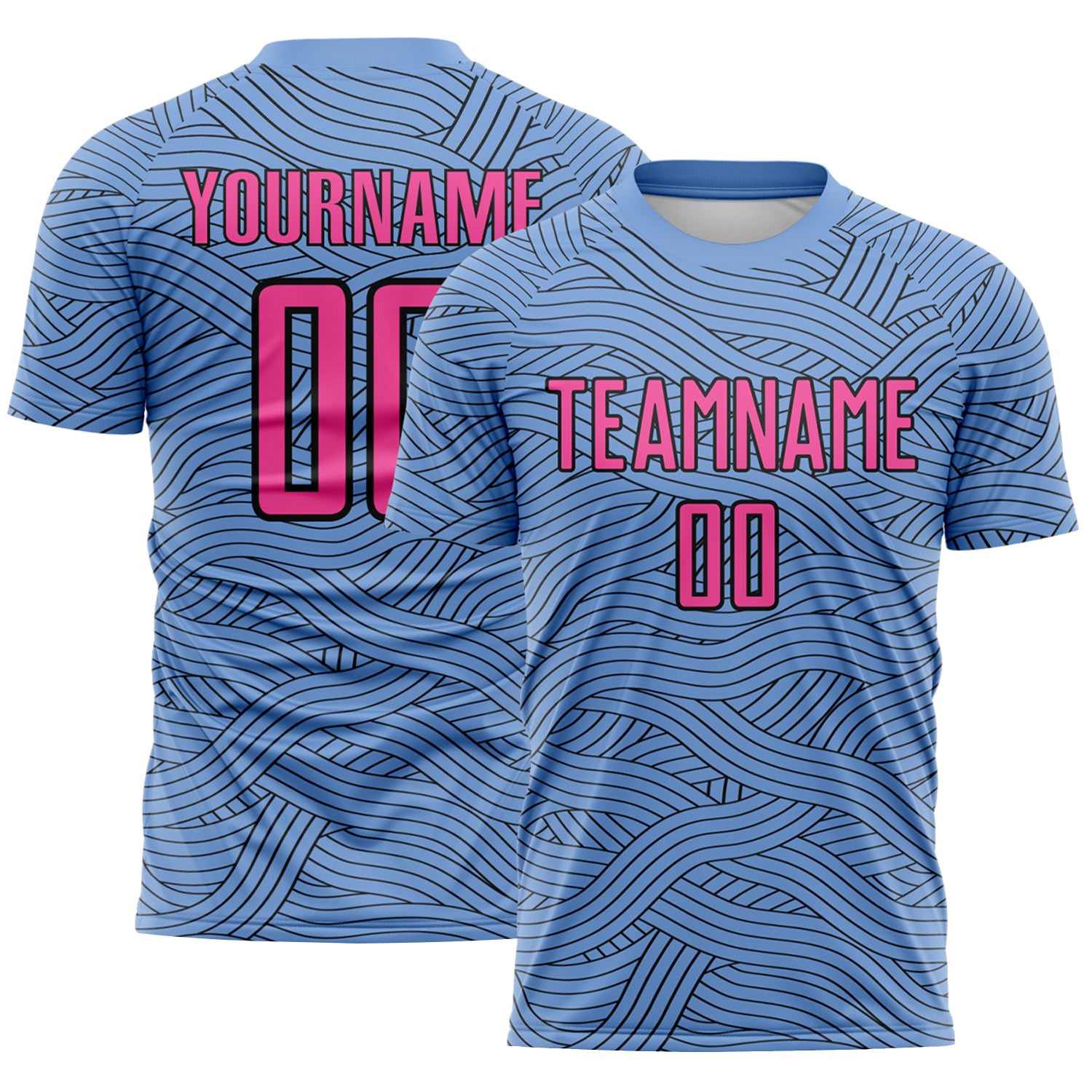 Custom Light Blue Pink-Black Abstract Wave Lines Interlocking Sublimation Soccer Uniform Jersey