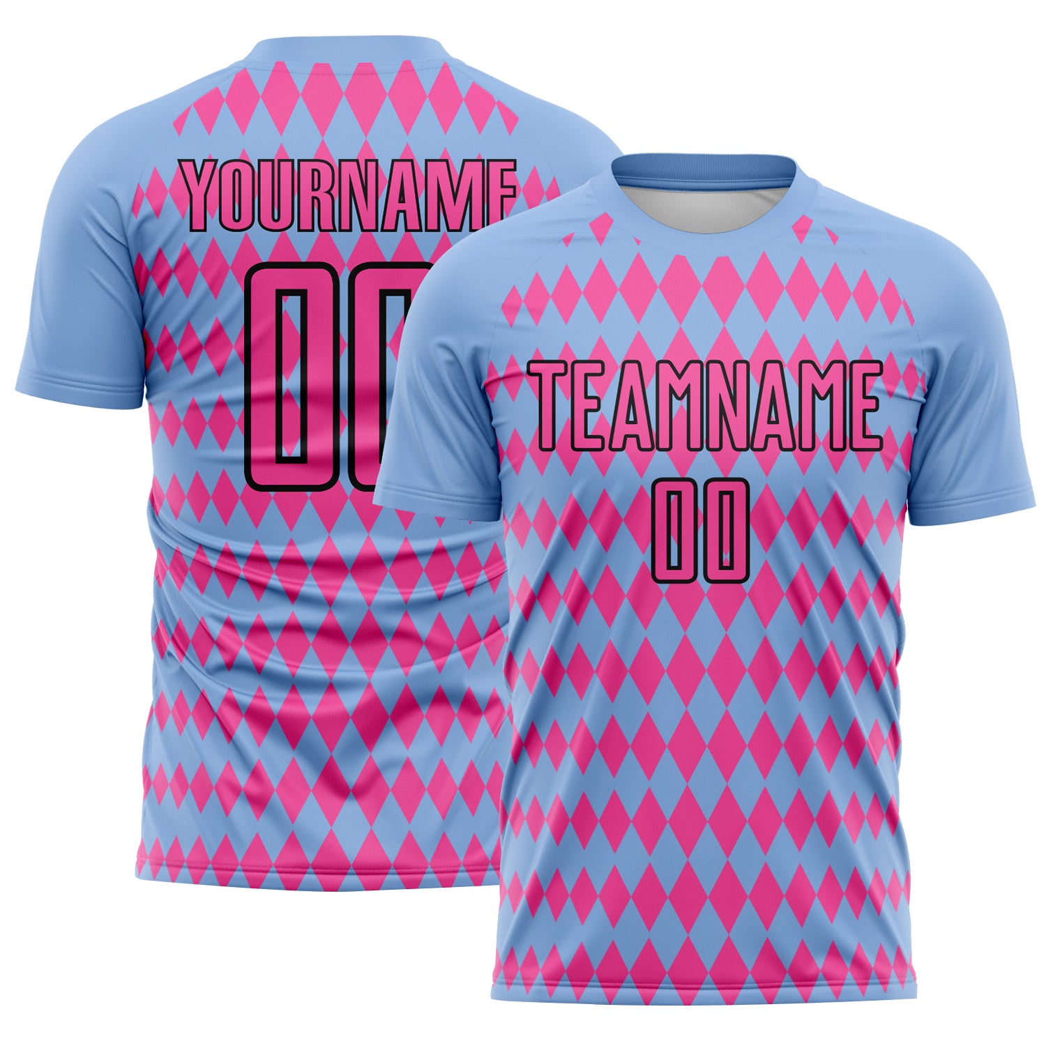 Custom Light Blue Pink-Black Diamond Harlequin Check Sports Sublimation Soccer Uniform Jersey