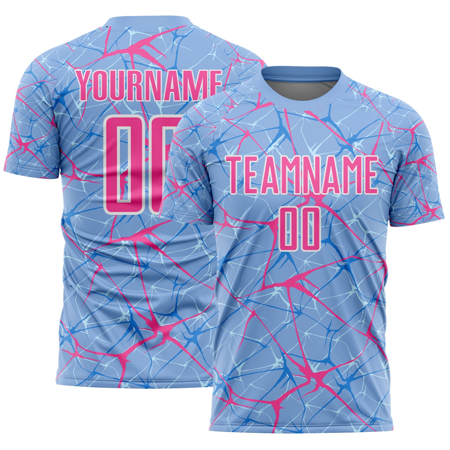 Custom Light Blue Pink-White Abstract Network Crackle Sublimation Soccer Uniform Jersey