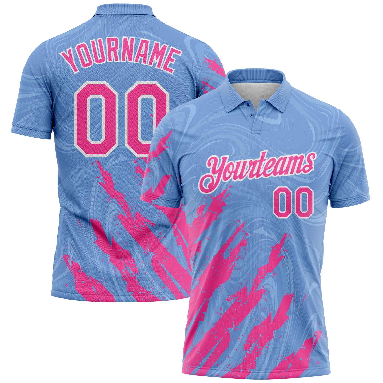 Custom Light Blue Pink-White Brush Stroke Splatter Liquid Swirl Performance Polo Shirt