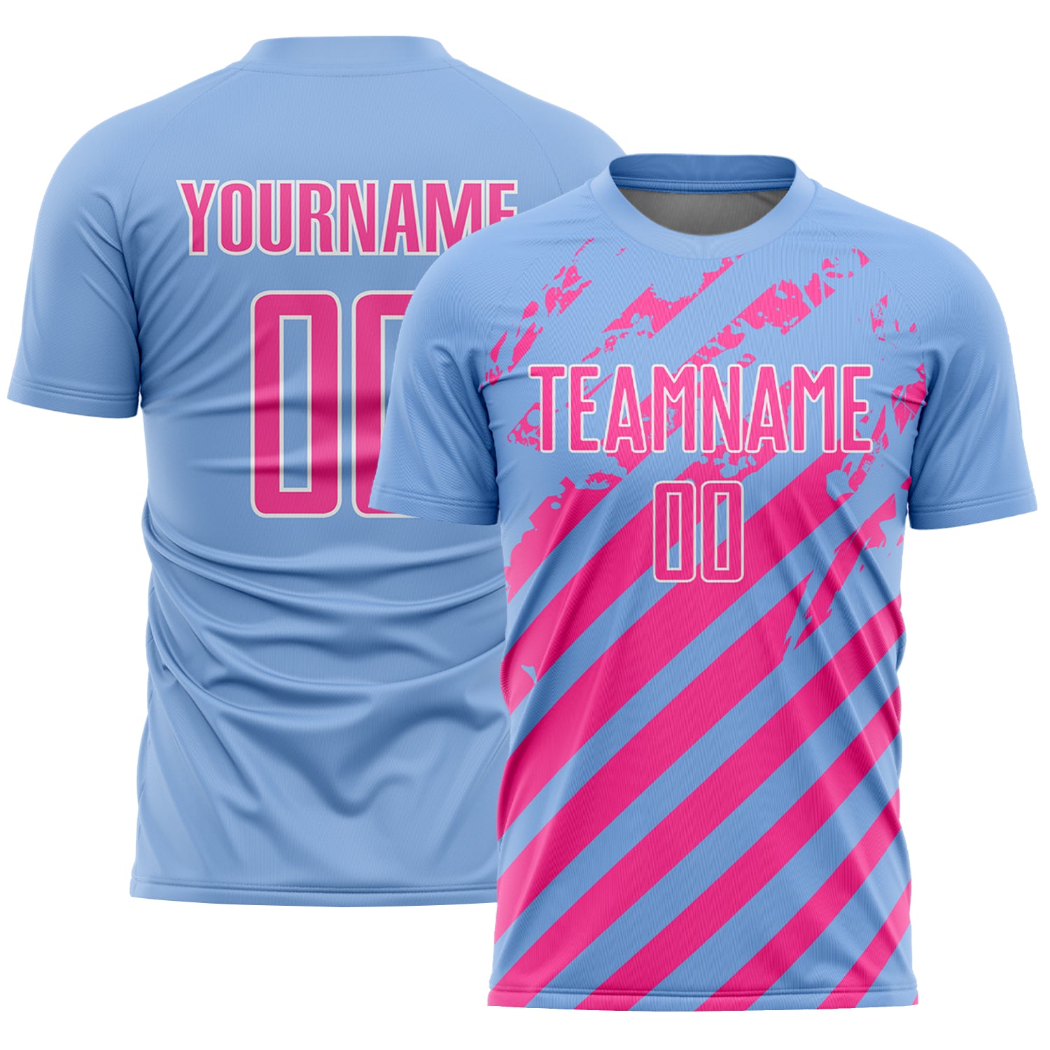 Custom Light Blue Pink-White Distressed Diagonal Stripe Pattern Sports Sublimation Soccer Uniform Jersey