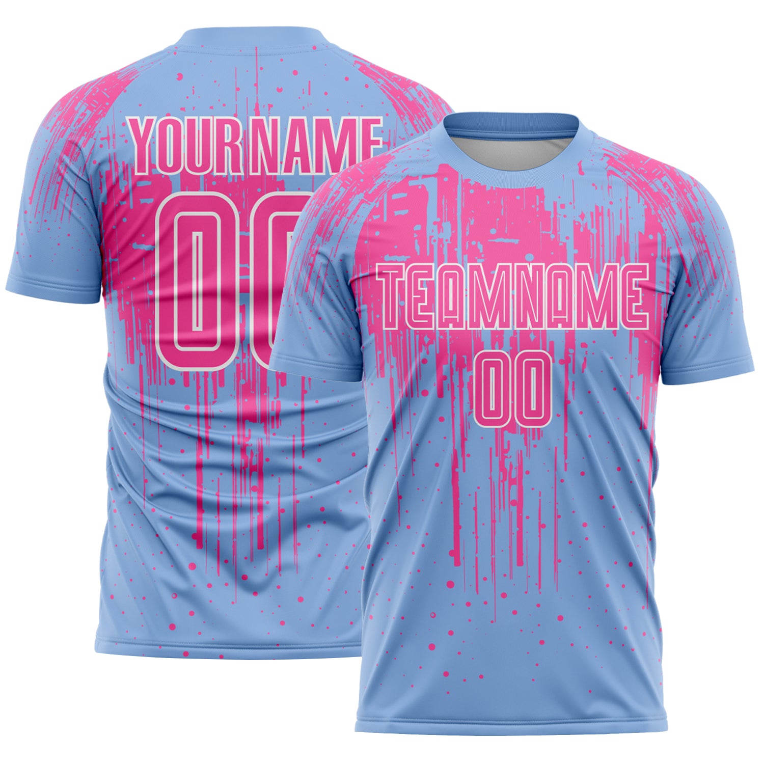 Custom Light Blue Pink-White Dripping Splatte Pattern Sports Sublimation Soccer Uniform Jersey