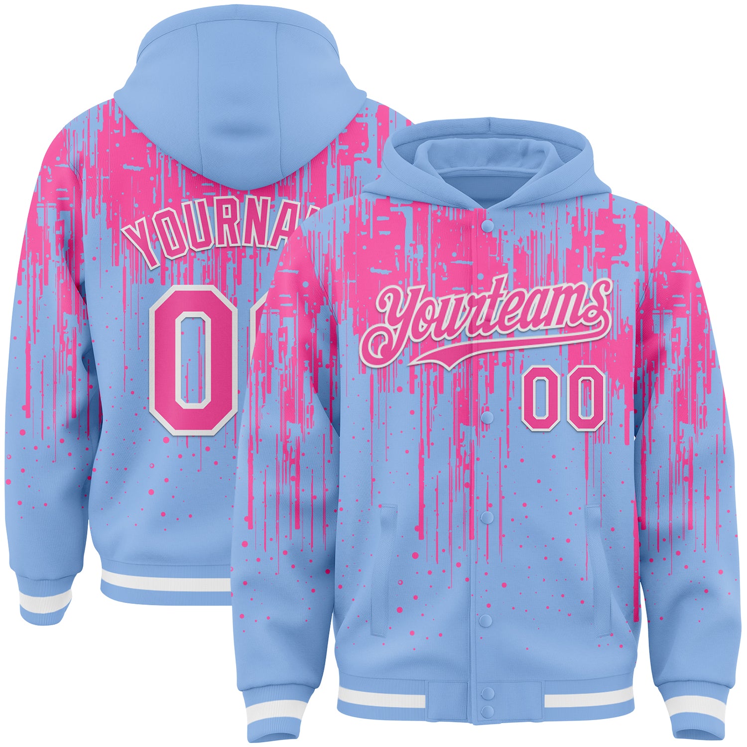 Custom Light Blue Pink-White Dripping Splatter 3D Pattern Design Bomber Full-Snap Varsity Letterman Hoodie Jacket