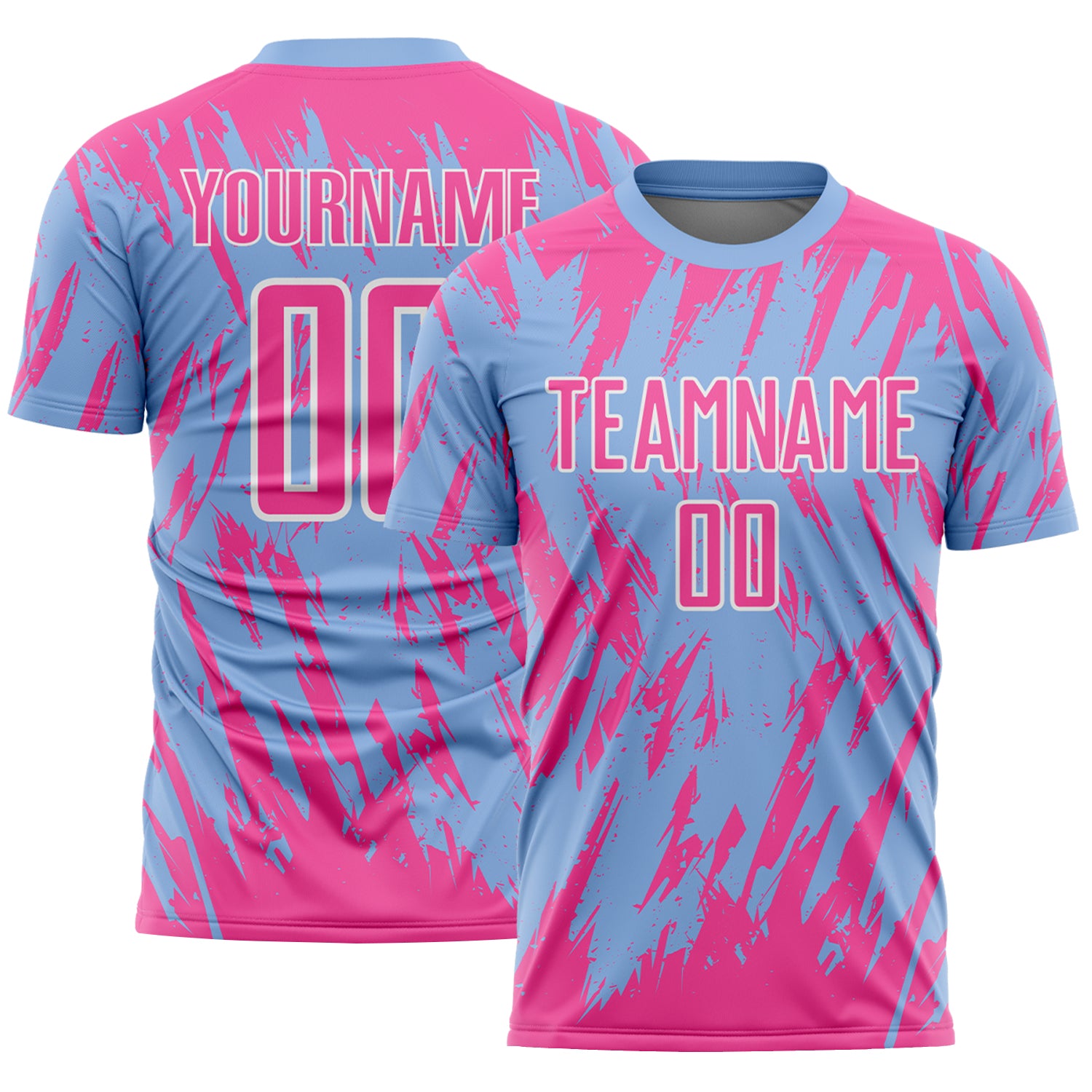 Custom Light Blue Pink-White Splatter Torn Sharp Brush Stroke Sublimation Soccer Uniform Jersey