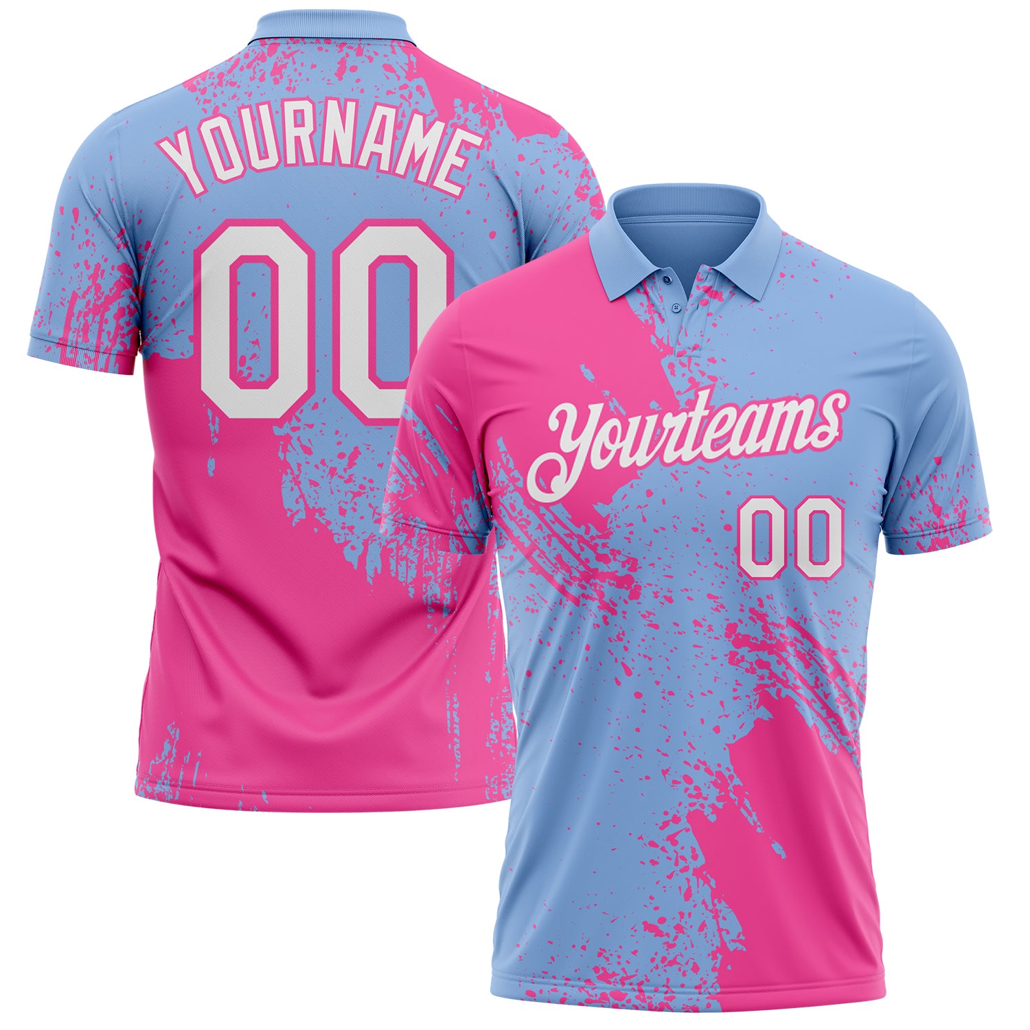 Custom Light Blue White-Pink Distressed Scratch Brush Stroke Performance Polo Shirt