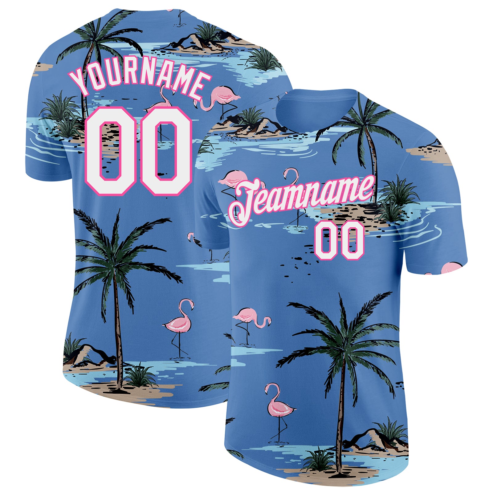 Custom Light Blue White-Pink Tropical Hawaii Palm Trees Summer Beach Flamingo Performance T-Shirt