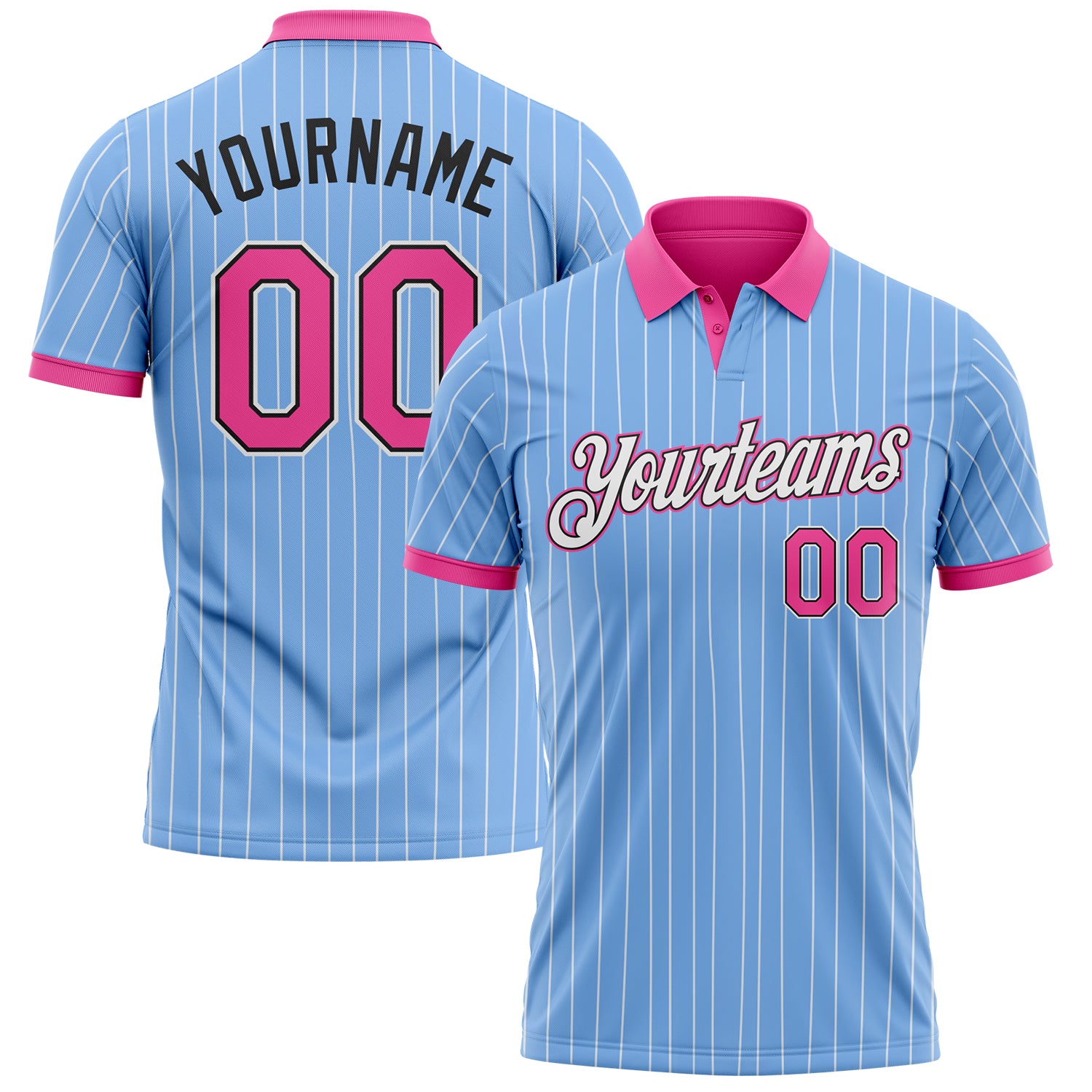 Custom Light Blue White Pinstripe Pink-Black Performance Polo Shirt