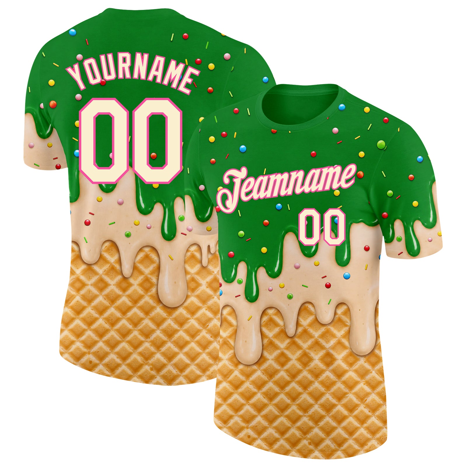 Custom Light Kelly Green Cream-Pink Ice Cream Waffle Foodie Dessert Performance T-Shirt