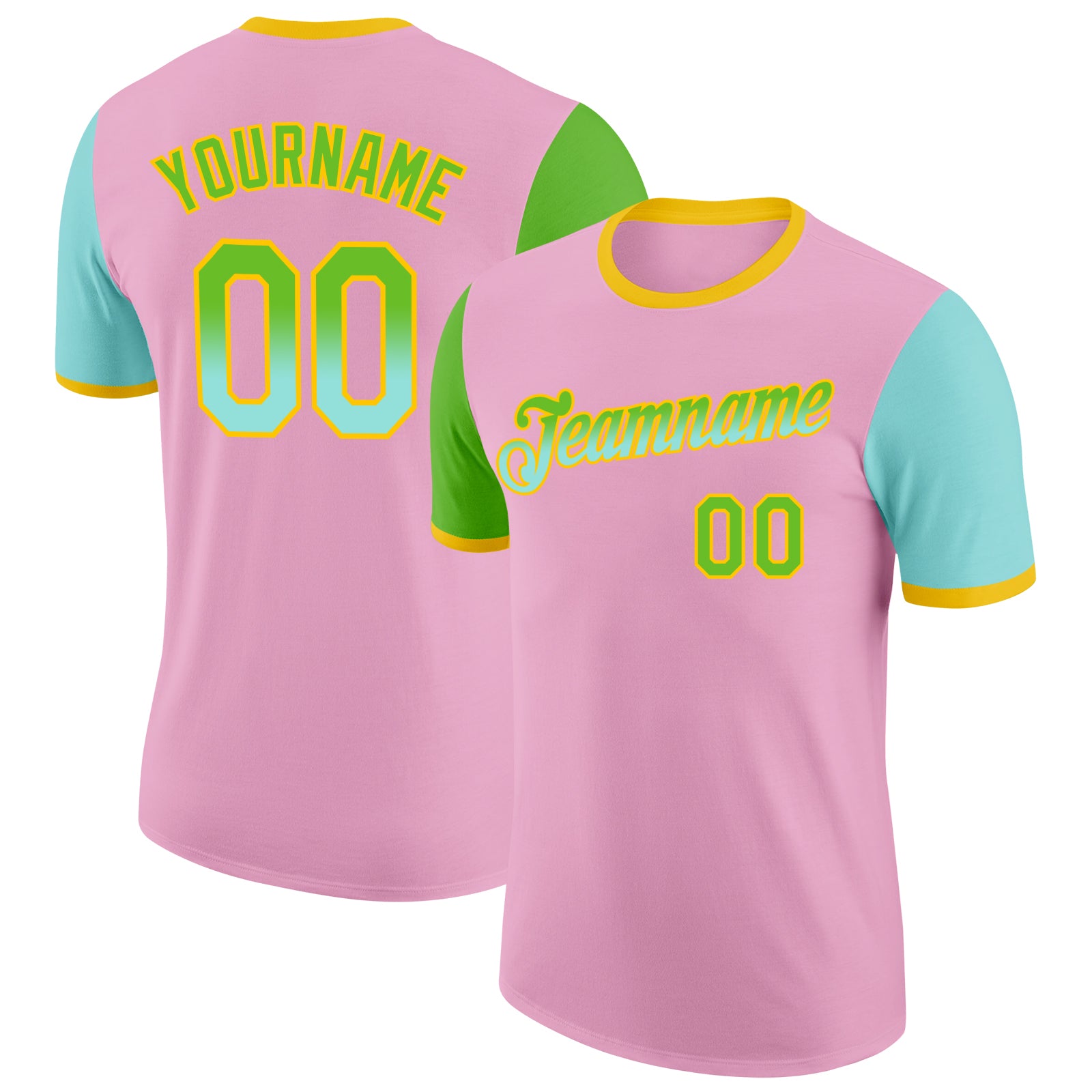 Custom Light Pink Aurora Green Ice Blue-Yellow Gradient Two Tone Performance T-Shirt