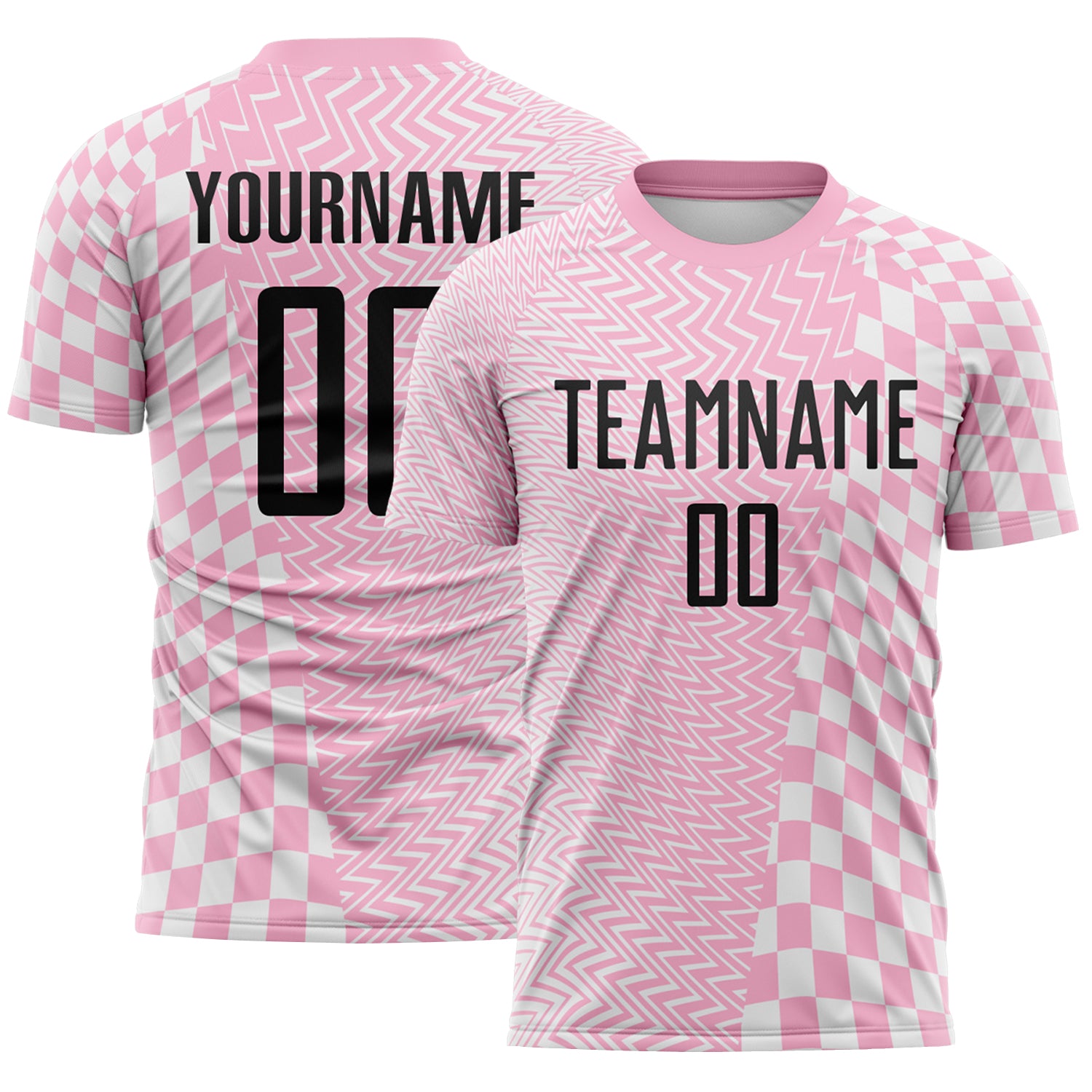 Custom Light Pink Black-White Geometric Patchwork Asymmetry Checkered Zigzag Lines Sublimation Soccer Uniform Jersey