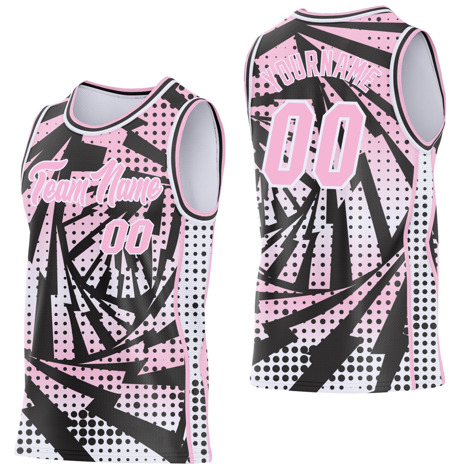 Custom Light Pink Black-White Lightning Gradient Dot Side Panel Stripe Round Neck Sublimation Basketball Set Jersey