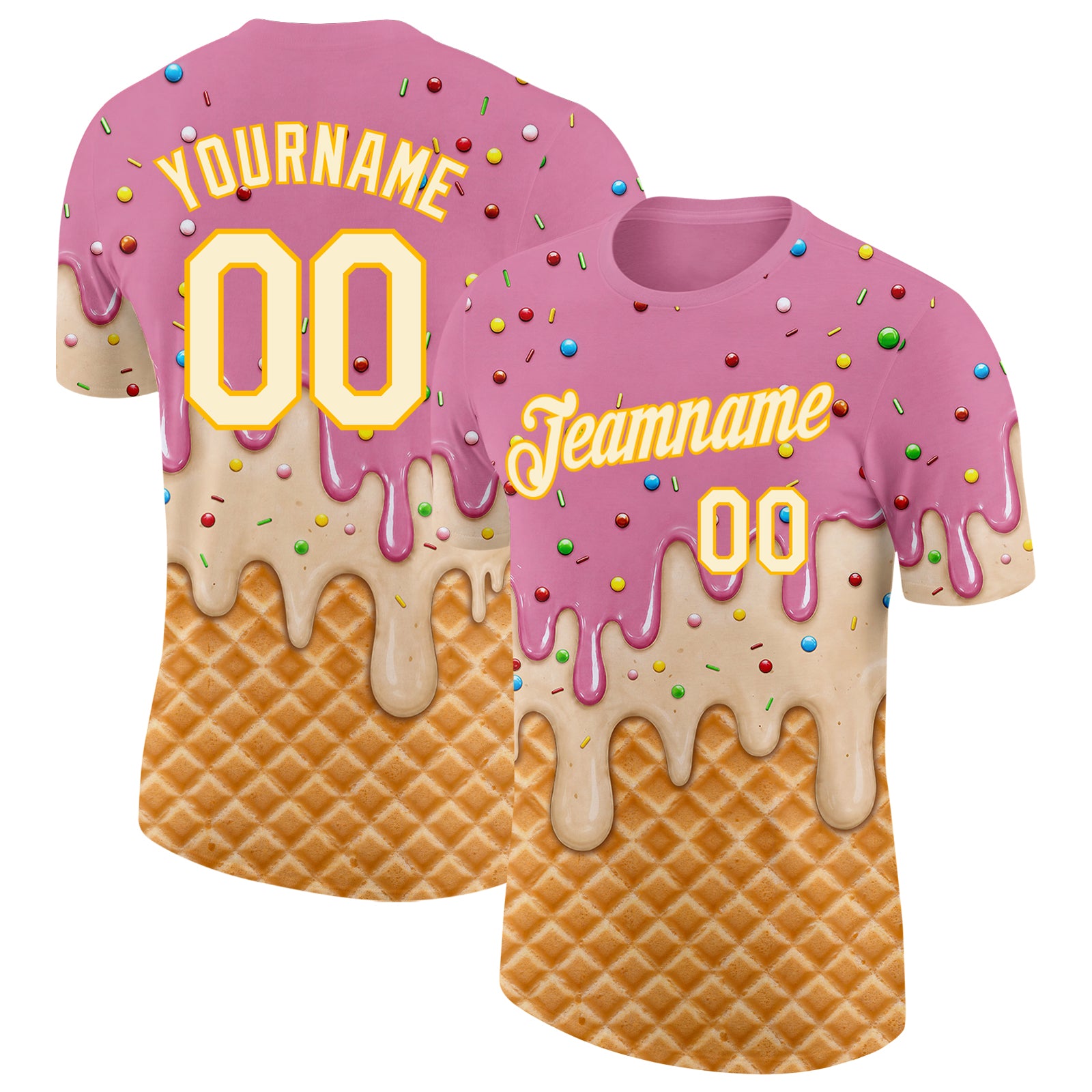 Custom Light Pink Cream-Gold Ice Cream Waffle Foodie Dessert Performance T-Shirt