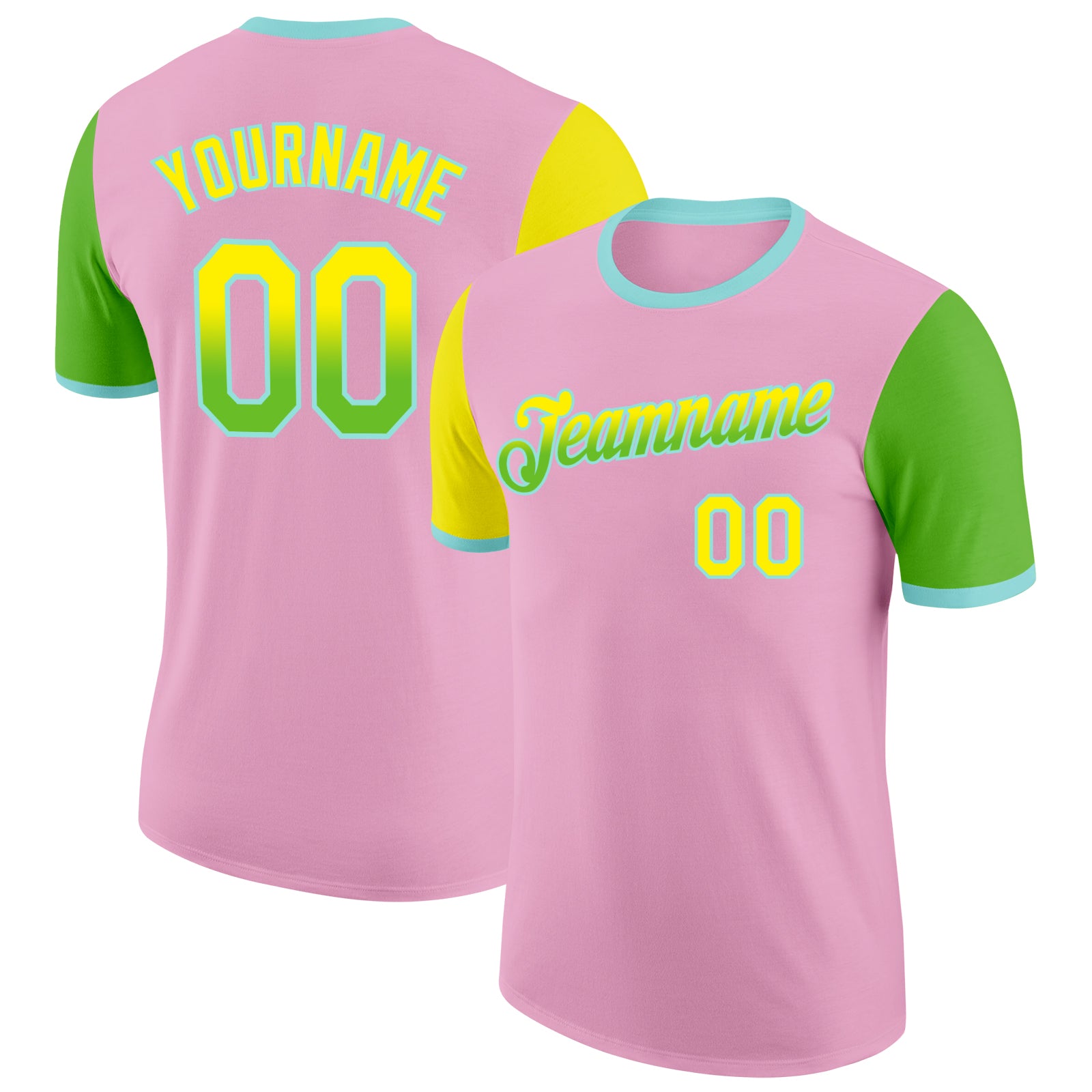 Custom Light Pink Light Yellow Aurora Green-Ice Blue Gradient Two Tone Performance T-Shirt