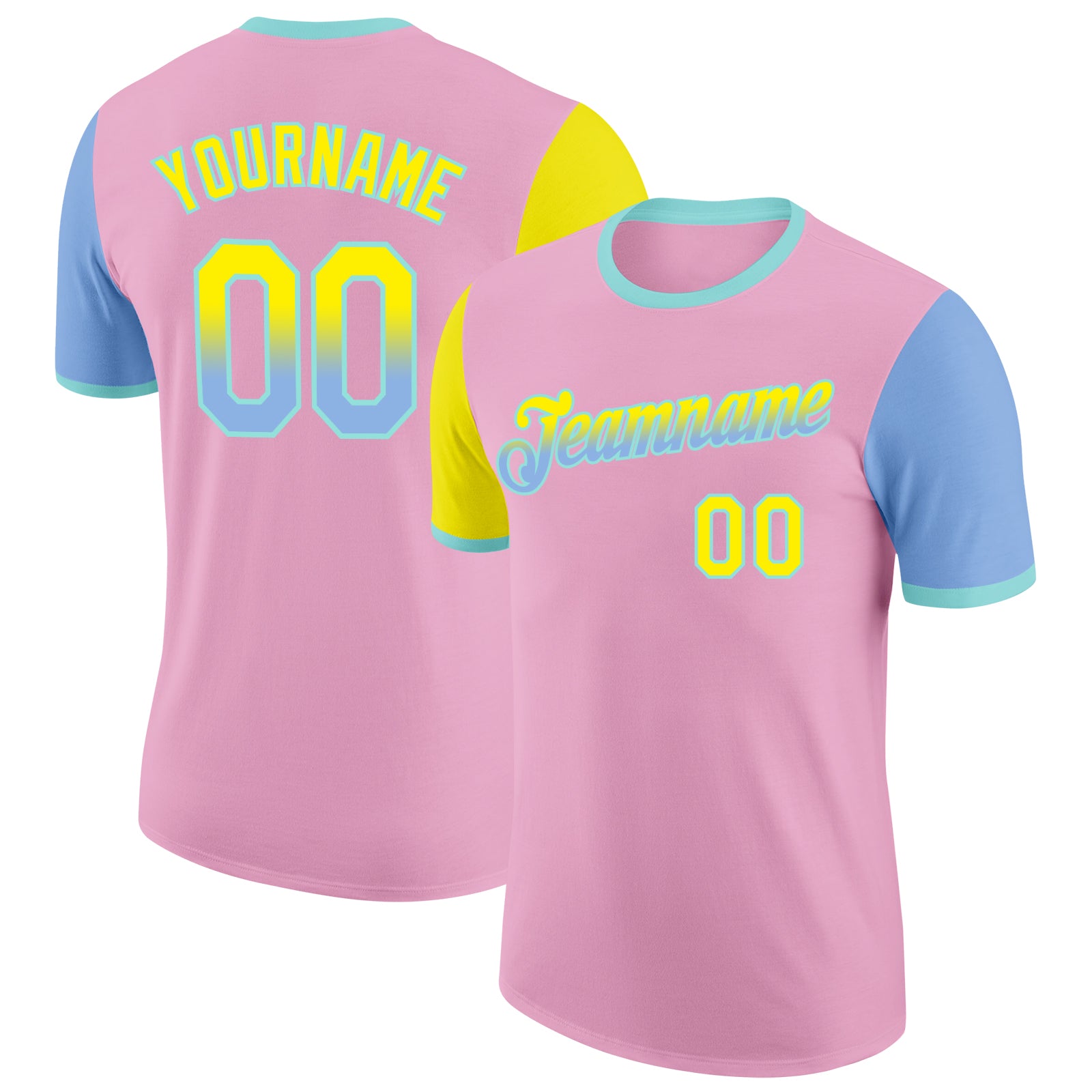 Custom Light Pink Light Yellow Light Blue-Ice Blue Gradient Two Tone Performance T-Shirt