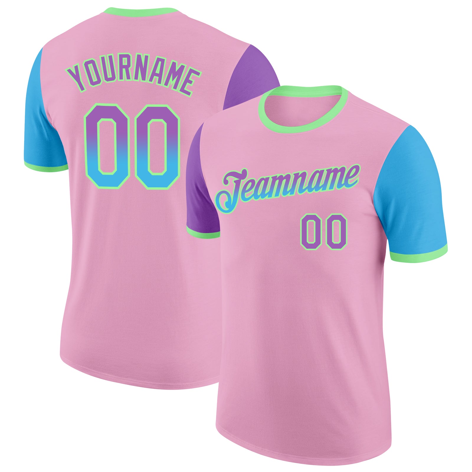 Custom Light Pink Medium Purple Sky Blue-Pea Green Gradient Two Tone Performance T-Shirt