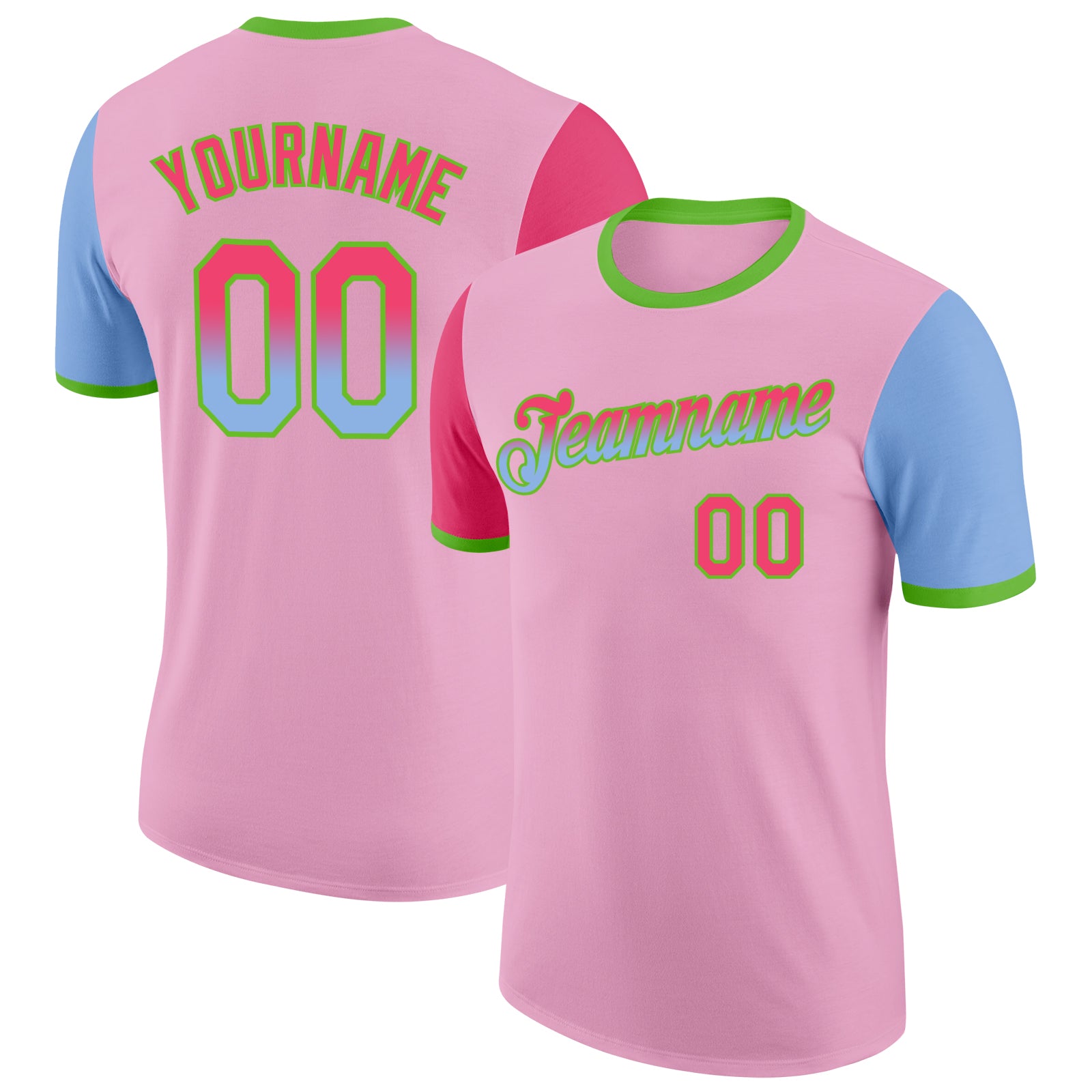 Custom Light Pink Neon Pink Light Blue-Aurora Green Gradient Two Tone Performance T-Shirt