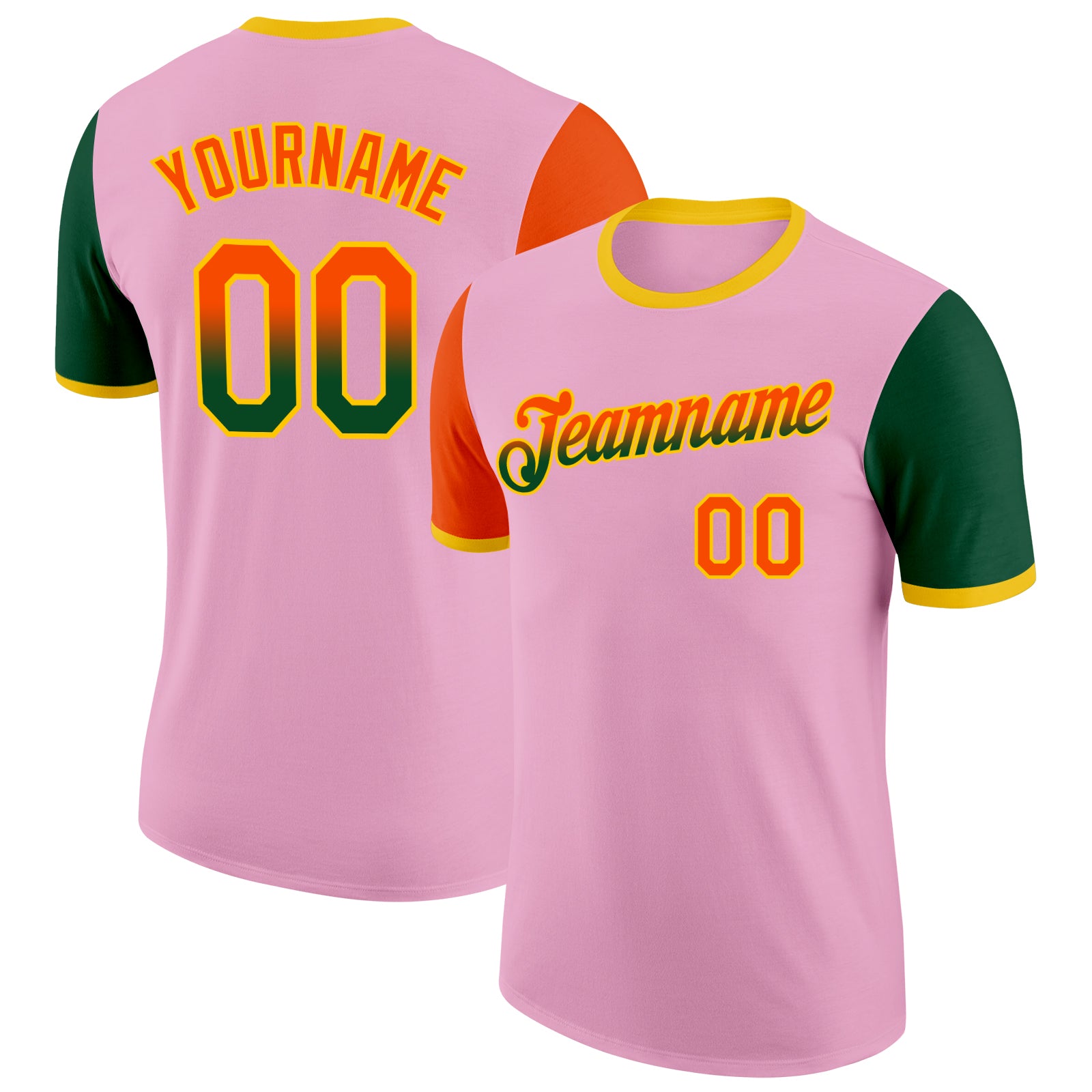 Custom Light Pink Orange Green-Yellow Gradient Two Tone Performance T-Shirt