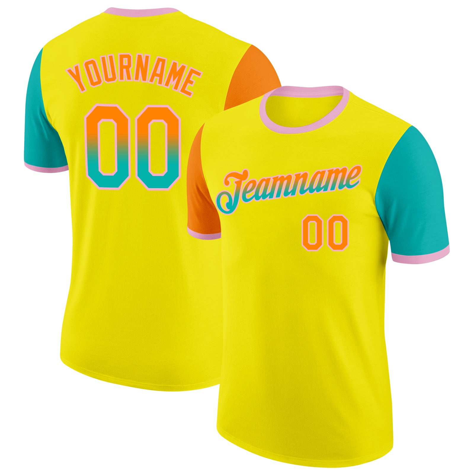 Custom Light Yellow Bay Orange Aqua-Light Pink Gradient Two Tone Performance T-Shirt