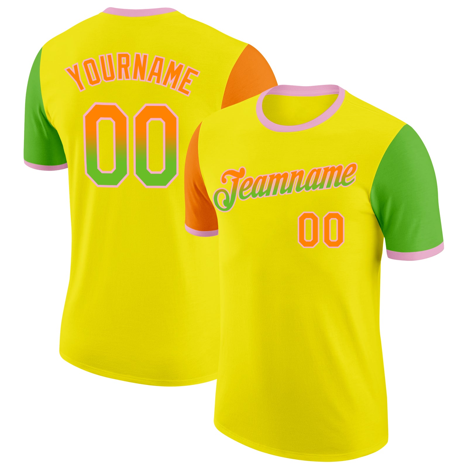Custom Light Yellow Bay Orange Aurora Green-Light Pink Gradient Two Tone Performance T-Shirt