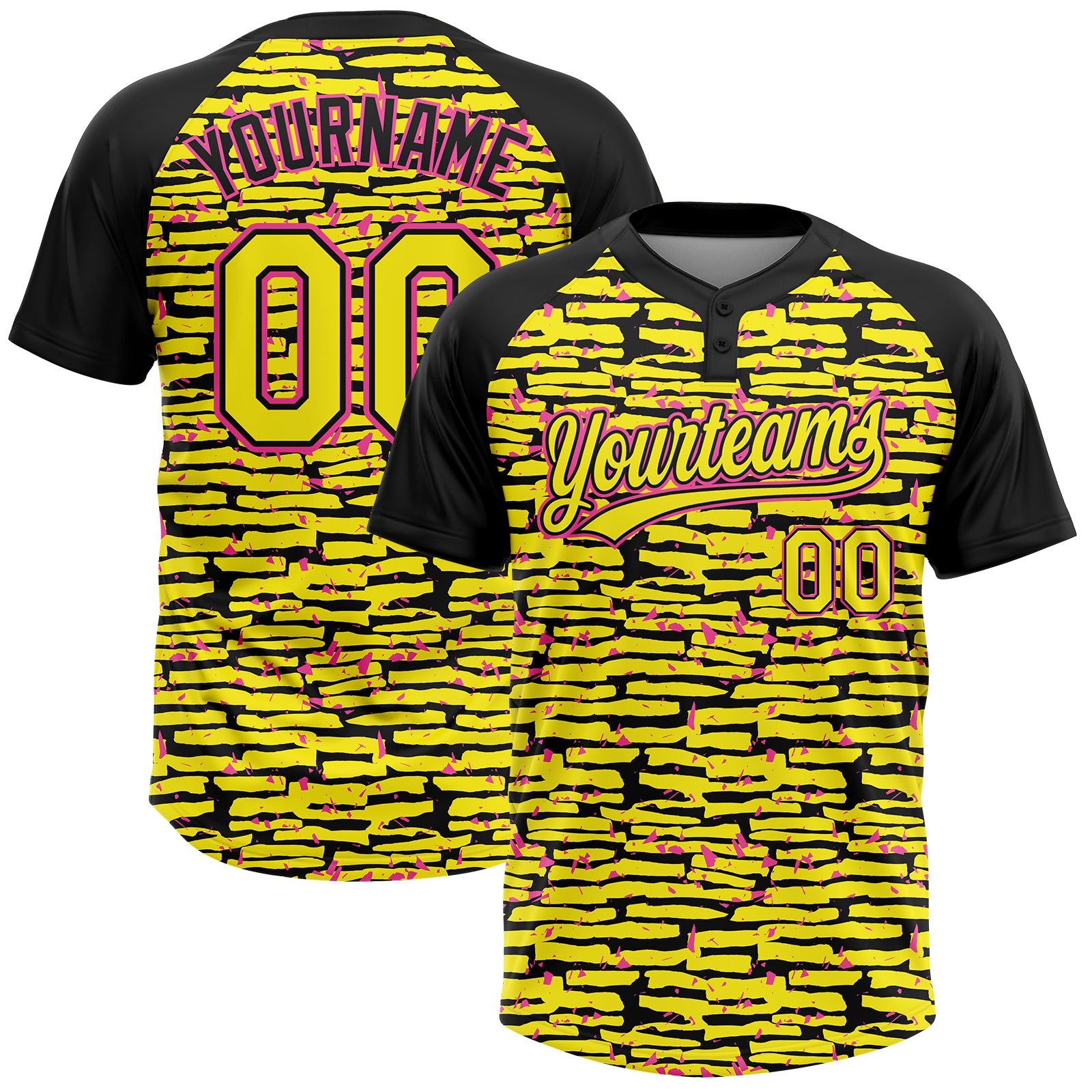 Custom Light Yellow Black-Pink Raglan Sleeves Distressed Fragment Brush Stroke Two-Button Unisex Softball Jersey