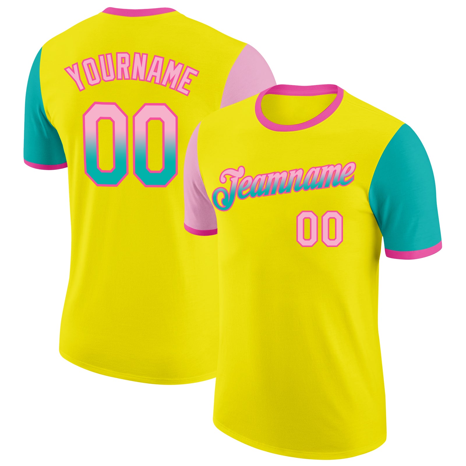 Custom Light Yellow Light Pink Aqua-Pink Gradient Two Tone Performance T-Shirt