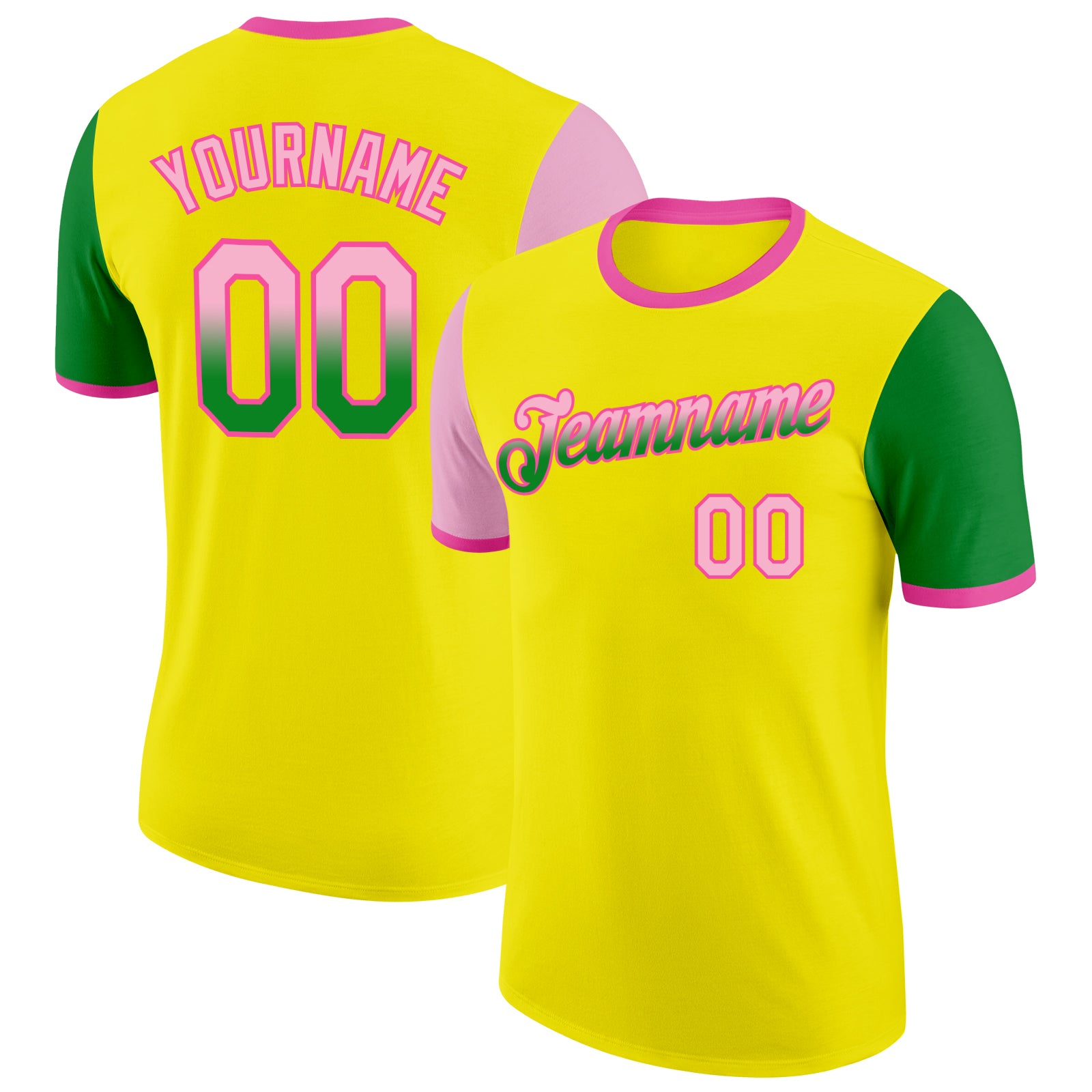 Custom Light Yellow Light Pink Grass Green-Pink Gradient Two Tone Performance T-Shirt