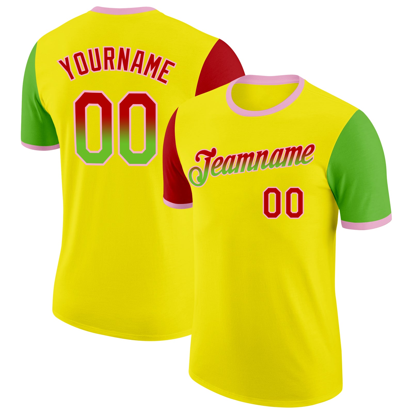 Custom Light Yellow Red Aurora Green-Light Pink Gradient Two Tone Performance T-Shirt