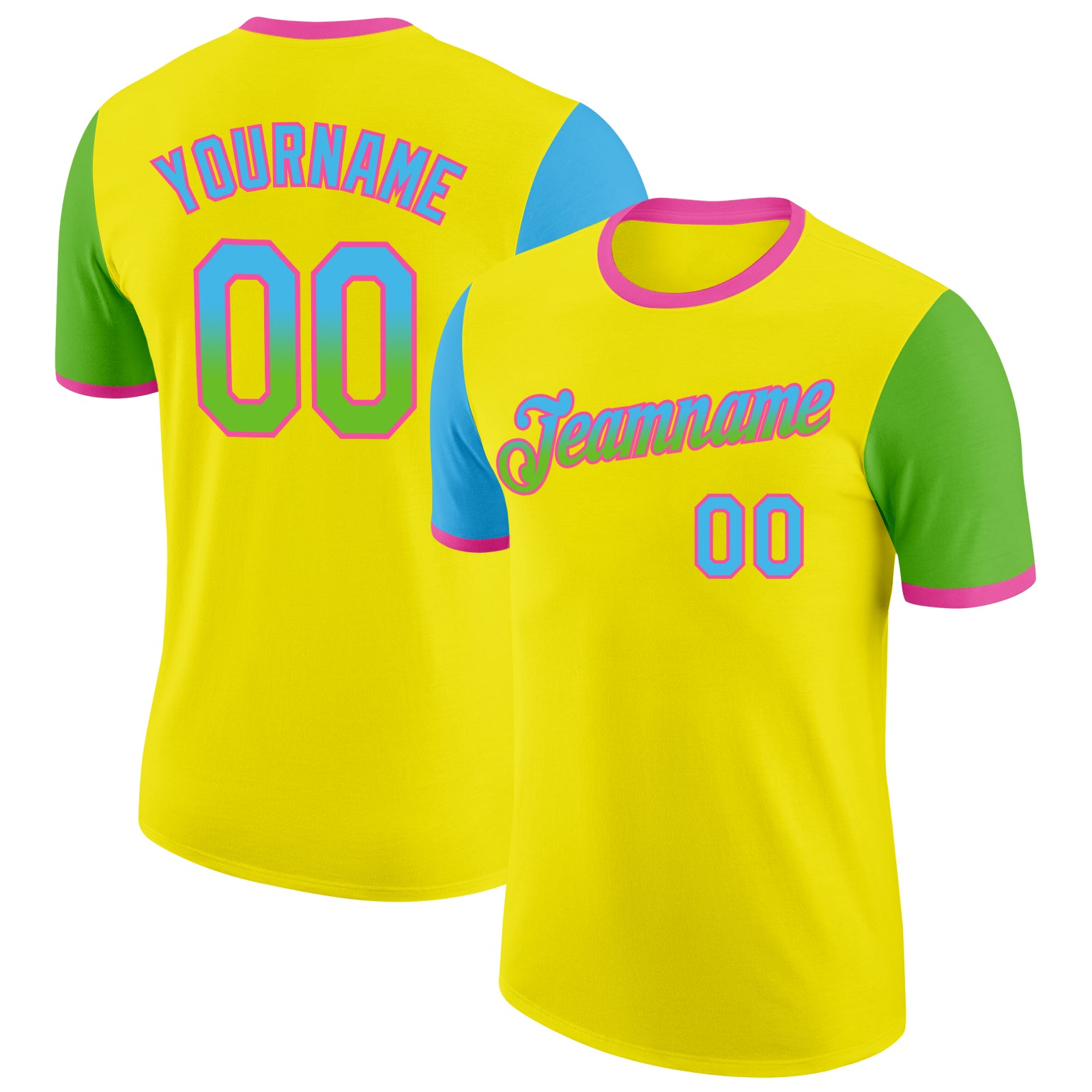 Custom Light Yellow Sky Blue Aurora Green-Pink Gradient Two Tone Performance T-Shirt