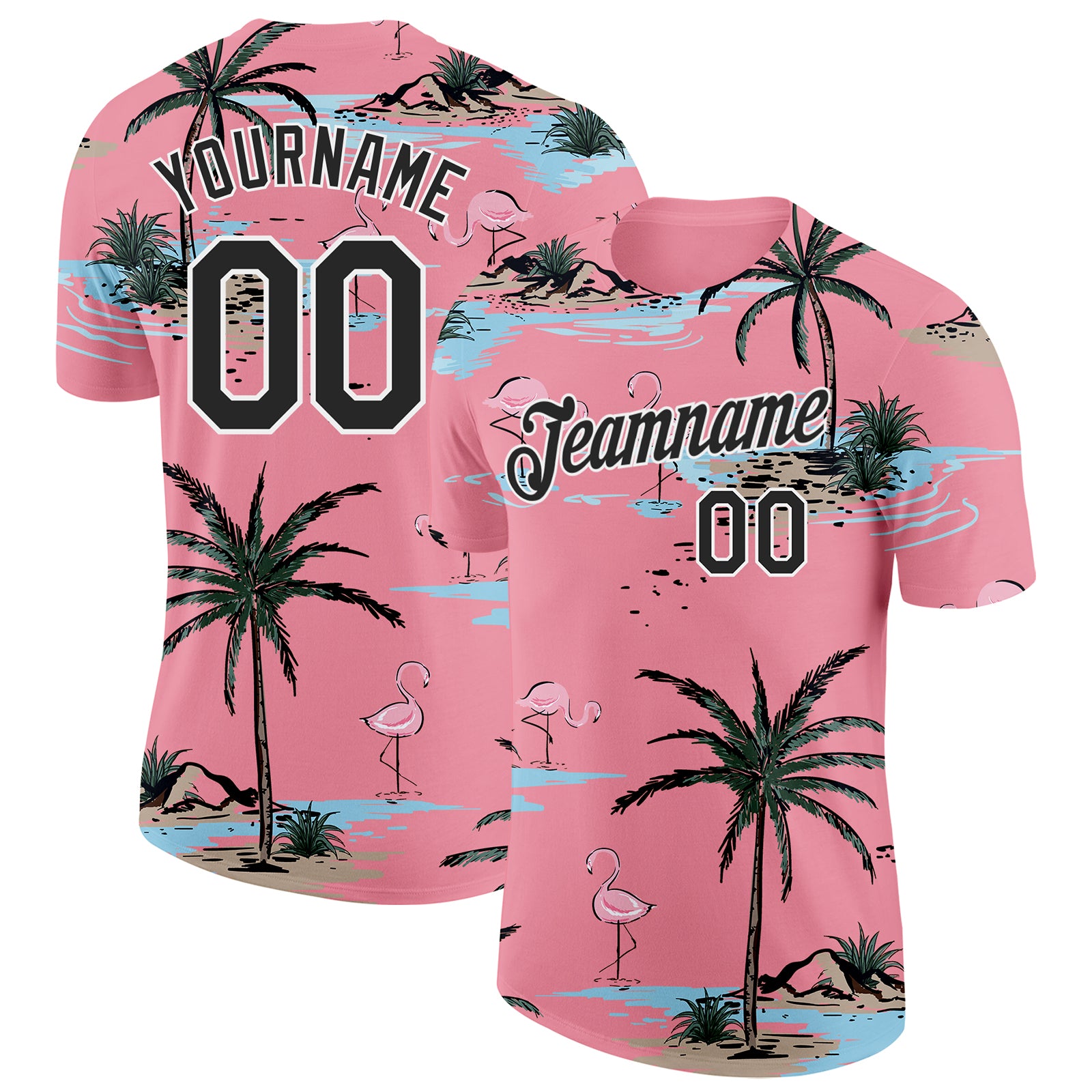 Custom Medium Pink Black-White Tropical Hawaii Palm Trees Summer Beach Flamingo Performance T-Shirt