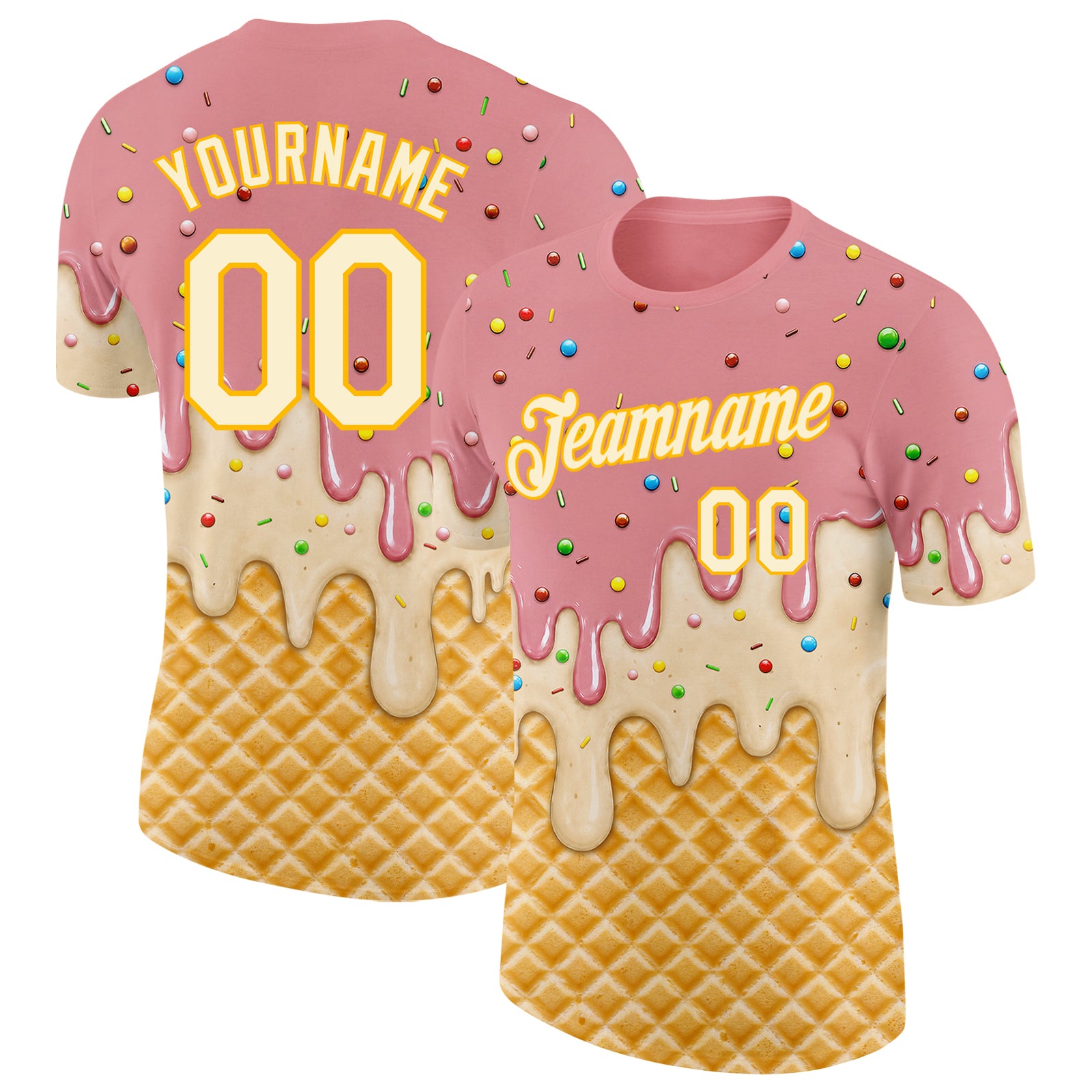 Custom Medium Pink Cream-Gold Ice Cream Waffle Foodie Dessert Performance T-Shirt