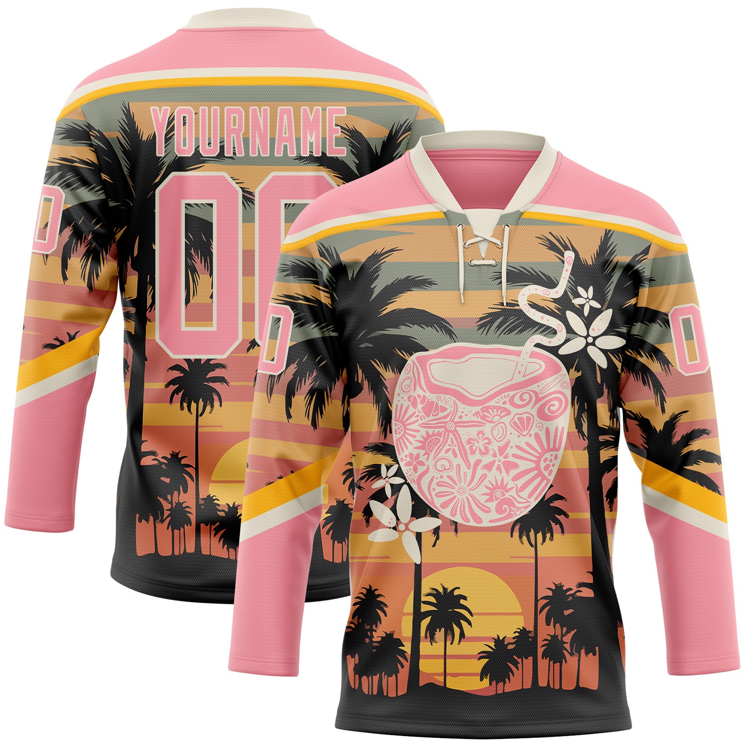 Custom Medium Pink Cream Yellow-Black 3D Pattern Gradient Hawaii Tropical Palm Trees Hockey Lace Neck Jersey
