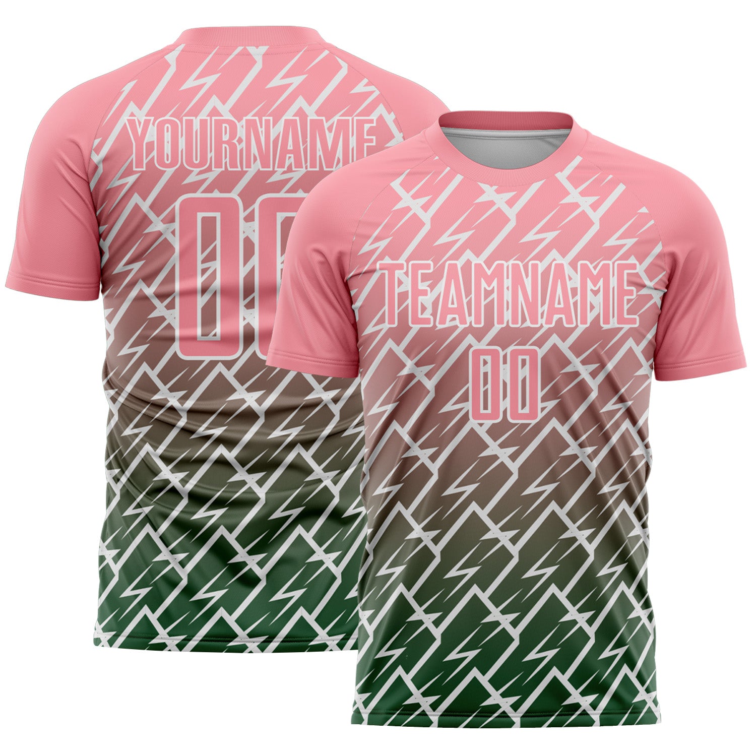Custom Medium Pink Green-White Lightning Sports Sublimation Soccer Uniform Jersey