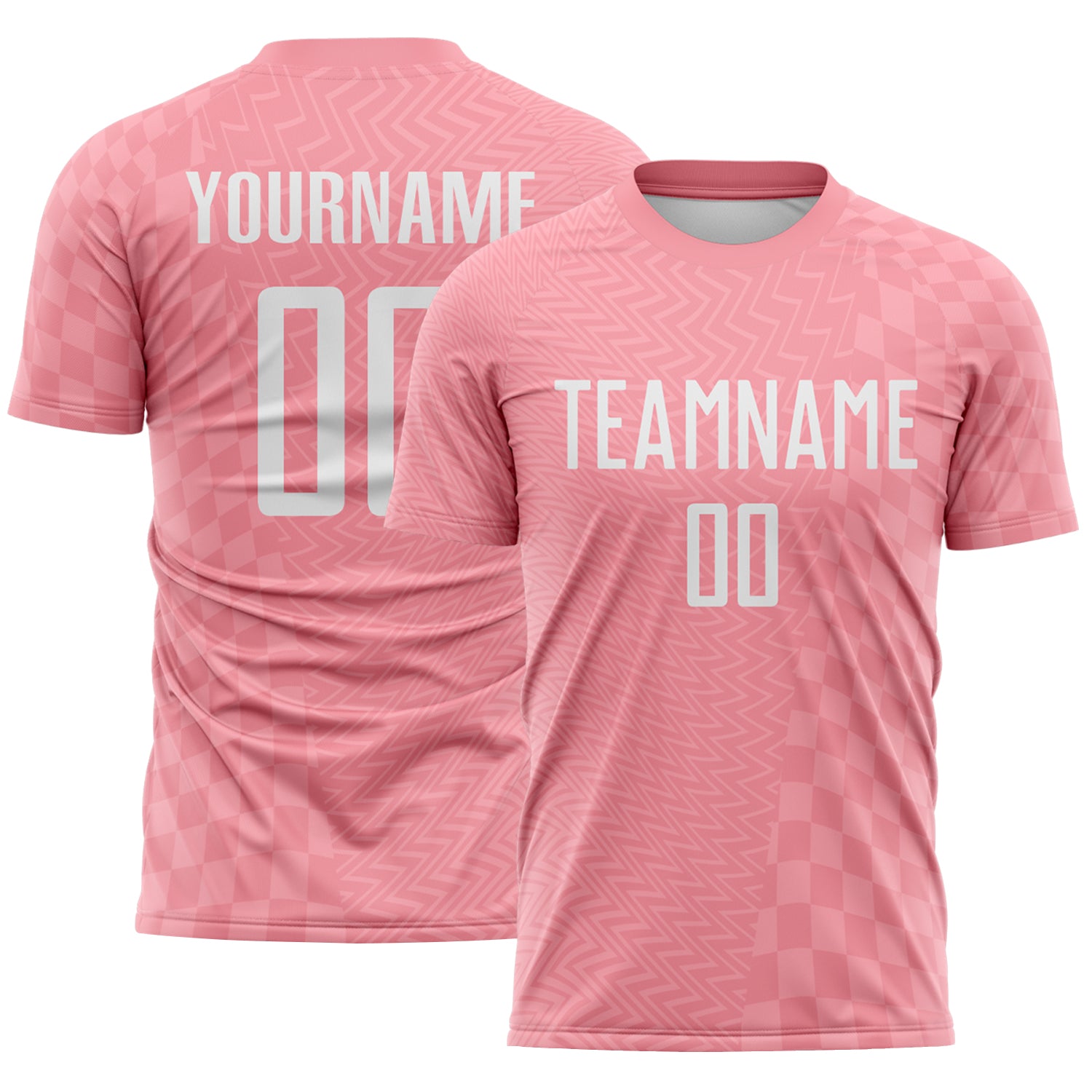 Custom Medium Pink-White Geometric Patchwork Asymmetry Checkered Zigzag Lines Sublimation Soccer Uniform Jersey