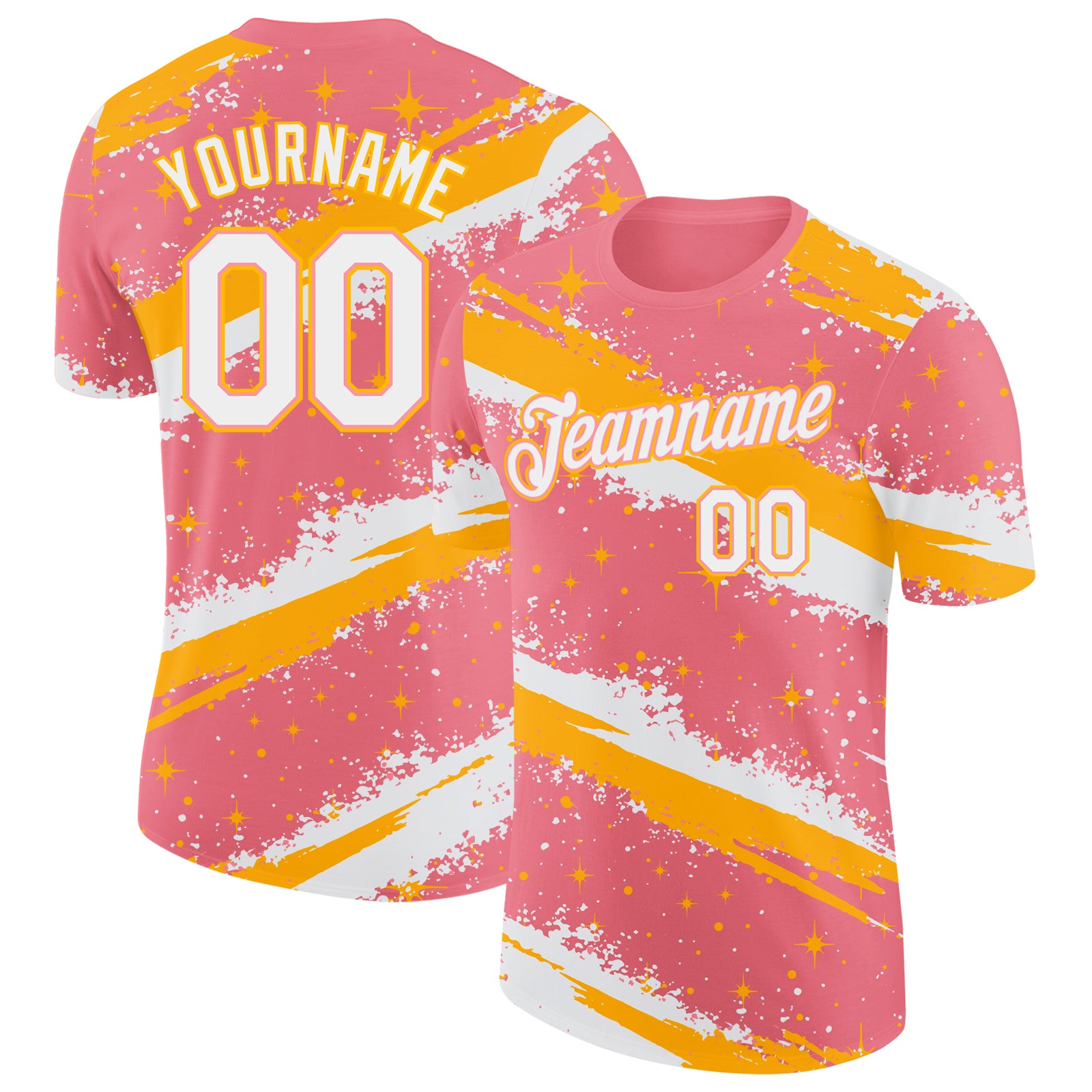 Custom Medium Pink White-Gold Brush Stroke Splatter Starburst Performance T-Shirt