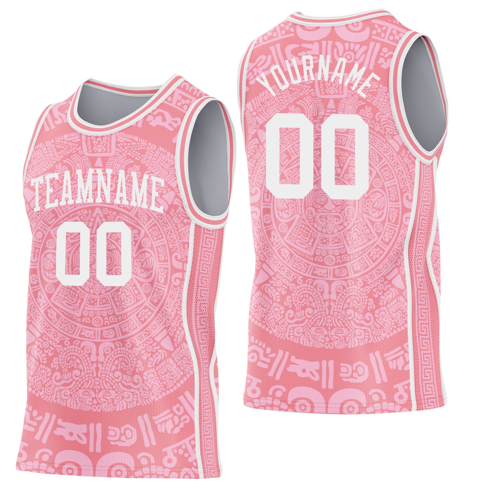 Custom Medium Pink-White Tribal Ethnic Aztec Sun Stone Side Panel Stripe Round Neck Sublimation Basketball Set Jersey