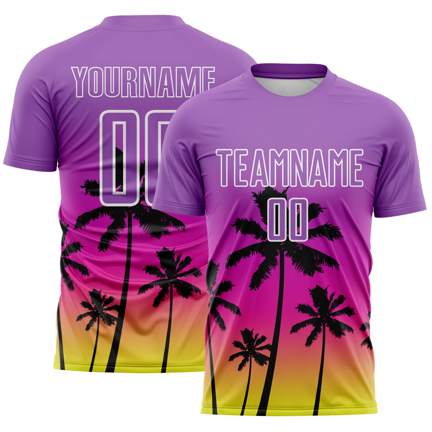 Custom Medium Purple Deep Pink Neon Yellow White-Black Tropical Hawaii Palm Trees Gradient Sublimation Soccer Uniform Jersey