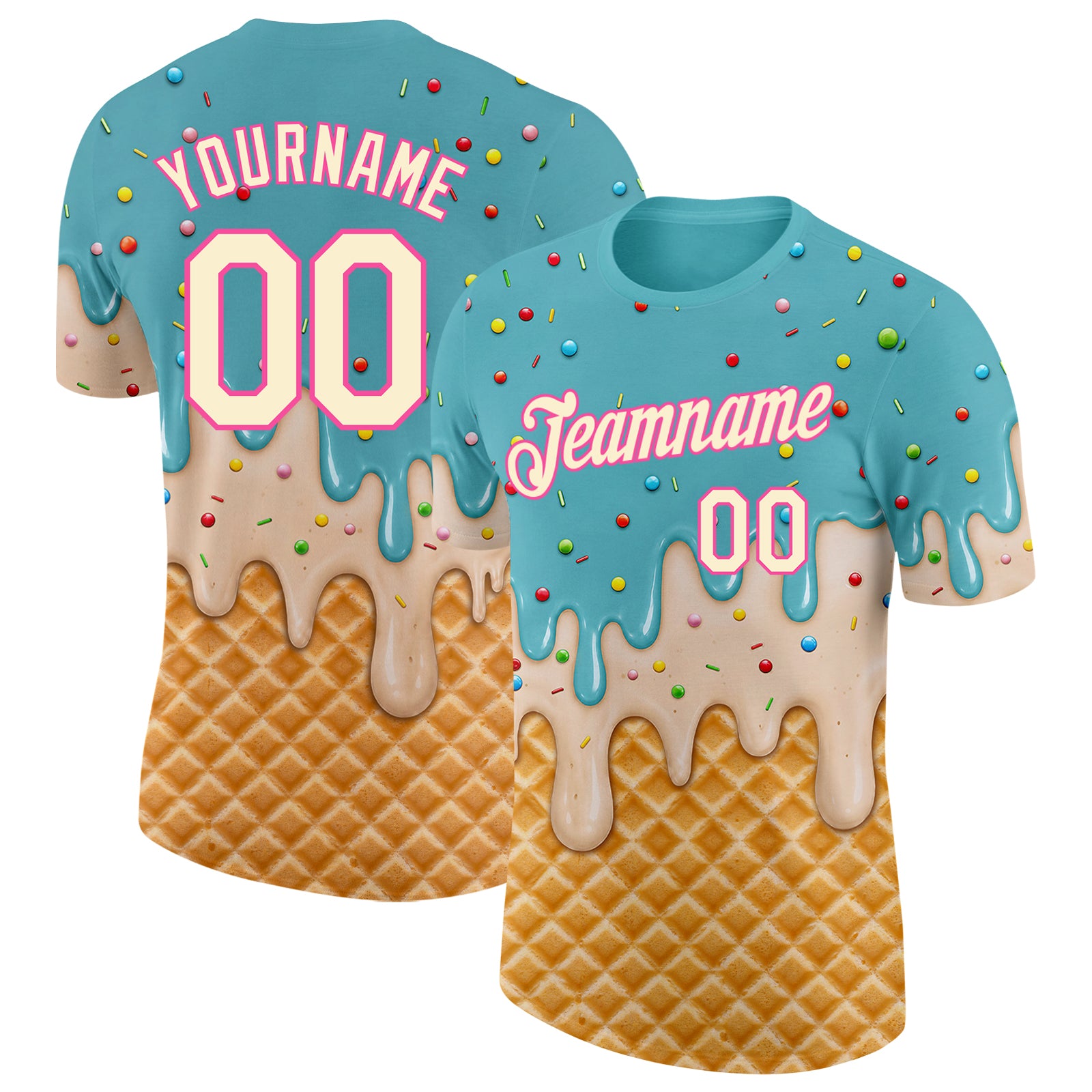 Custom Mint Aqua Cream-Pink Ice Cream Waffle Foodie Dessert Performance T-Shirt