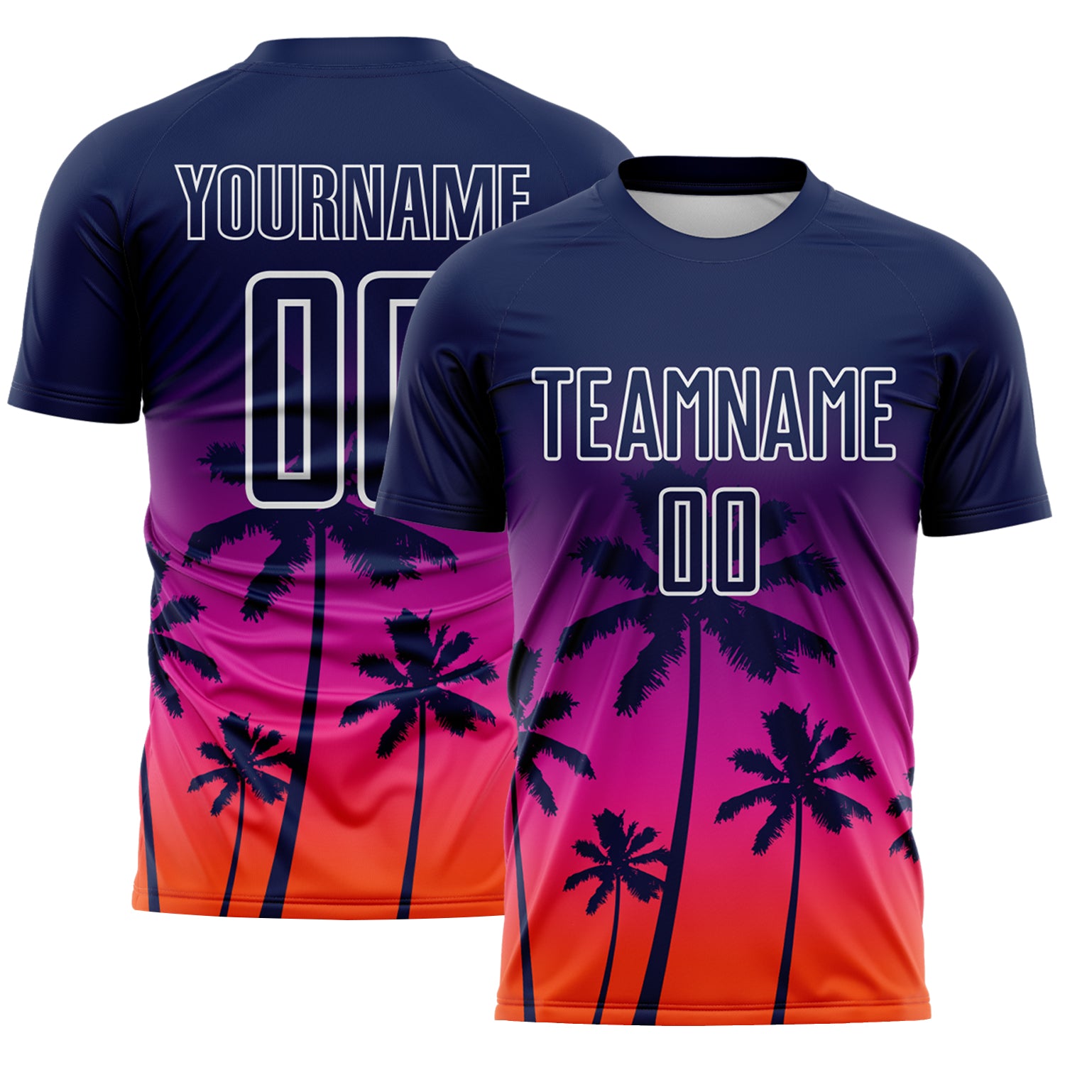 Custom Navy Deep Pink Orange-White Tropical Hawaii Palm Trees Gradient Sublimation Soccer Uniform Jersey