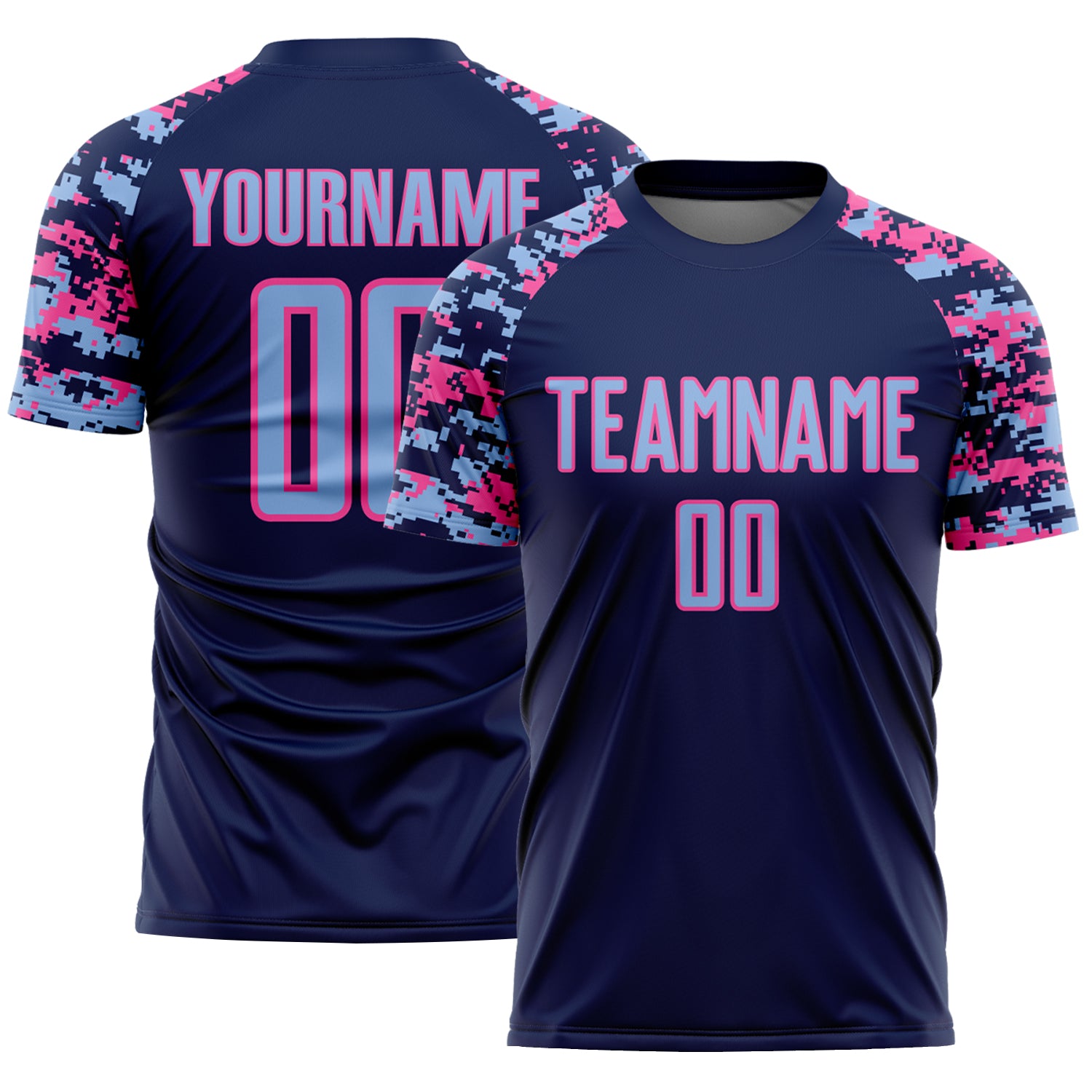 Custom Navy Light Blue-Pink Digital Camo Raglan Sleeves Sublimation Soccer Uniform Jersey