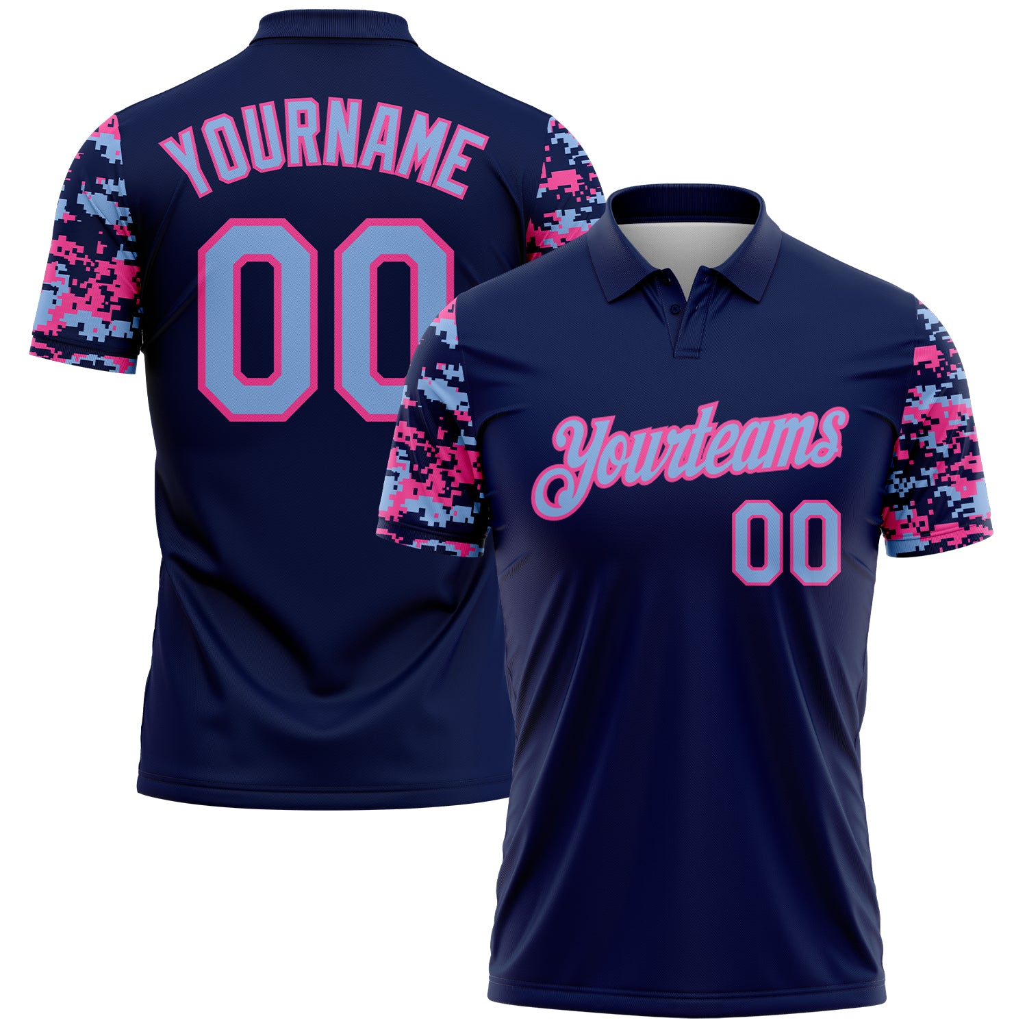 Custom Navy Light Blue-Pink Digital Camo Two Tone Performance Polo Shirt