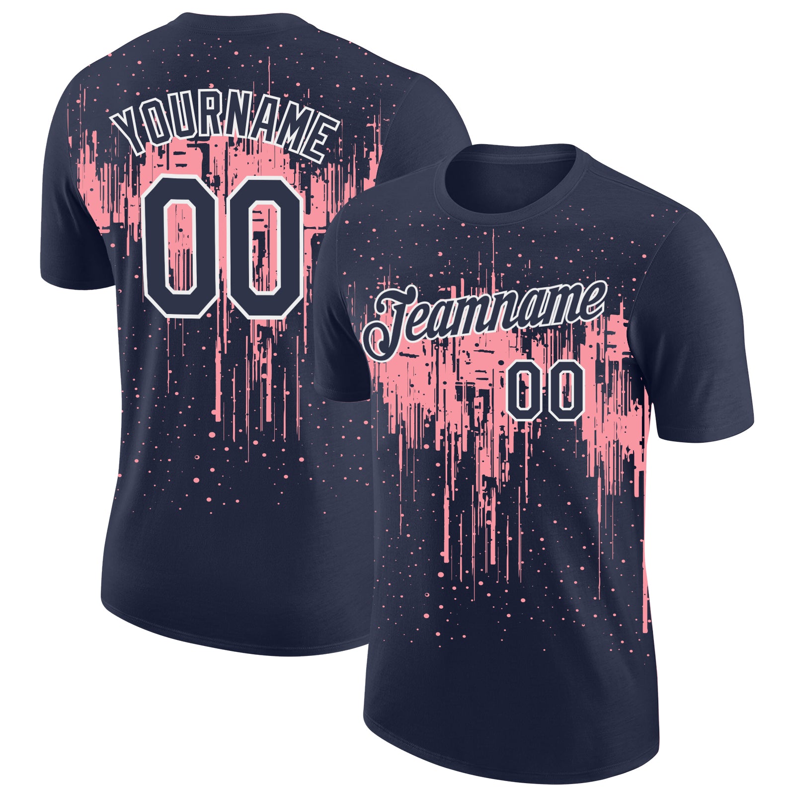 Custom Navy Medium Pink-White Dripping Splatter Paint Performance T-Shirt