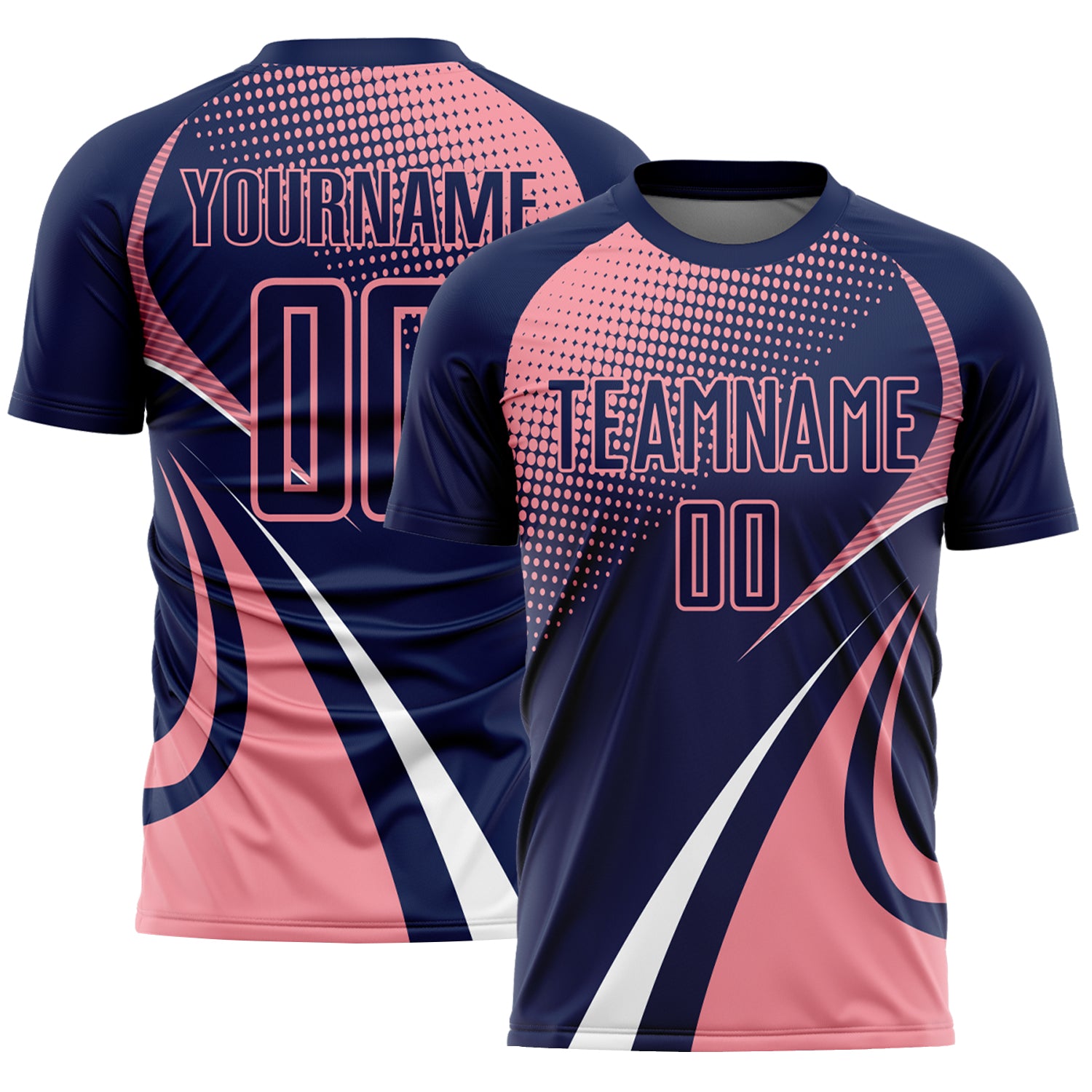 Custom Navy Medium Pink-White Halftone Dot Dynamic Curve Stripe Sublimation Soccer Uniform Jersey