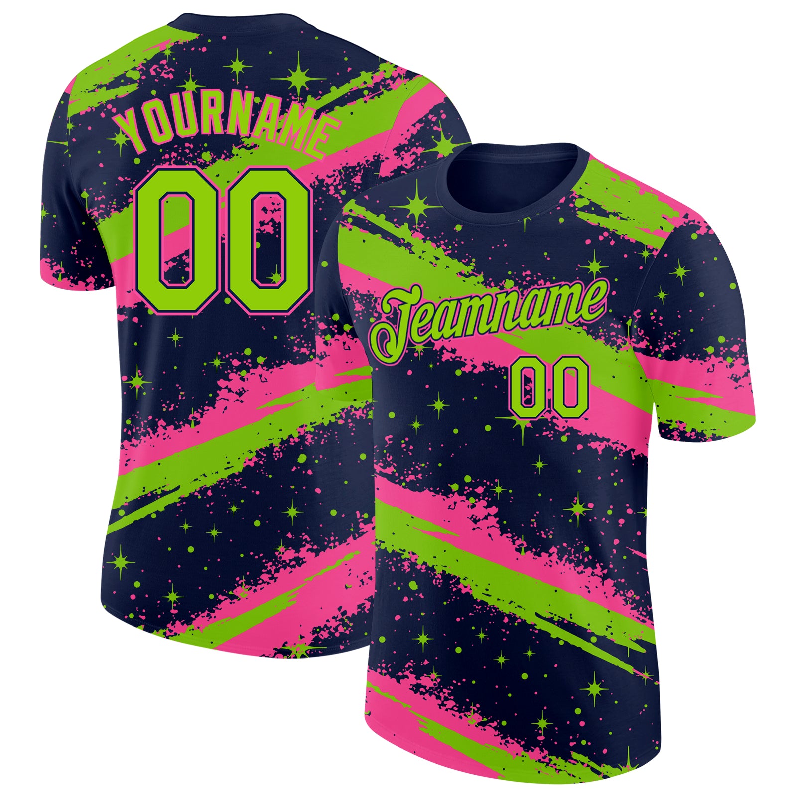Custom Navy Neon Green-Pink Brush Stroke Splatter Starburst Performance T-Shirt