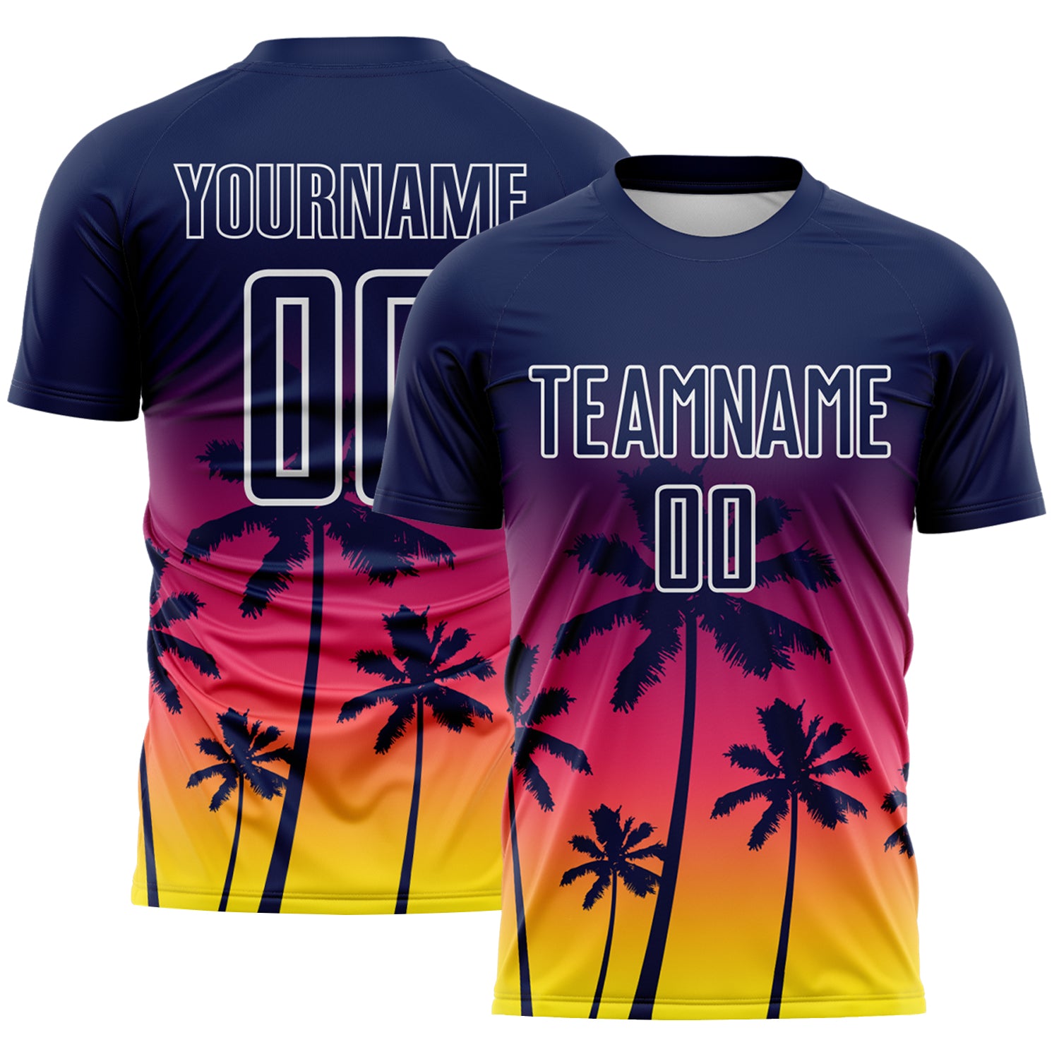 Custom Navy Neon Pink Light Yellow-White Tropical Hawaii Palm Trees Gradient Sublimation Soccer Uniform Jersey