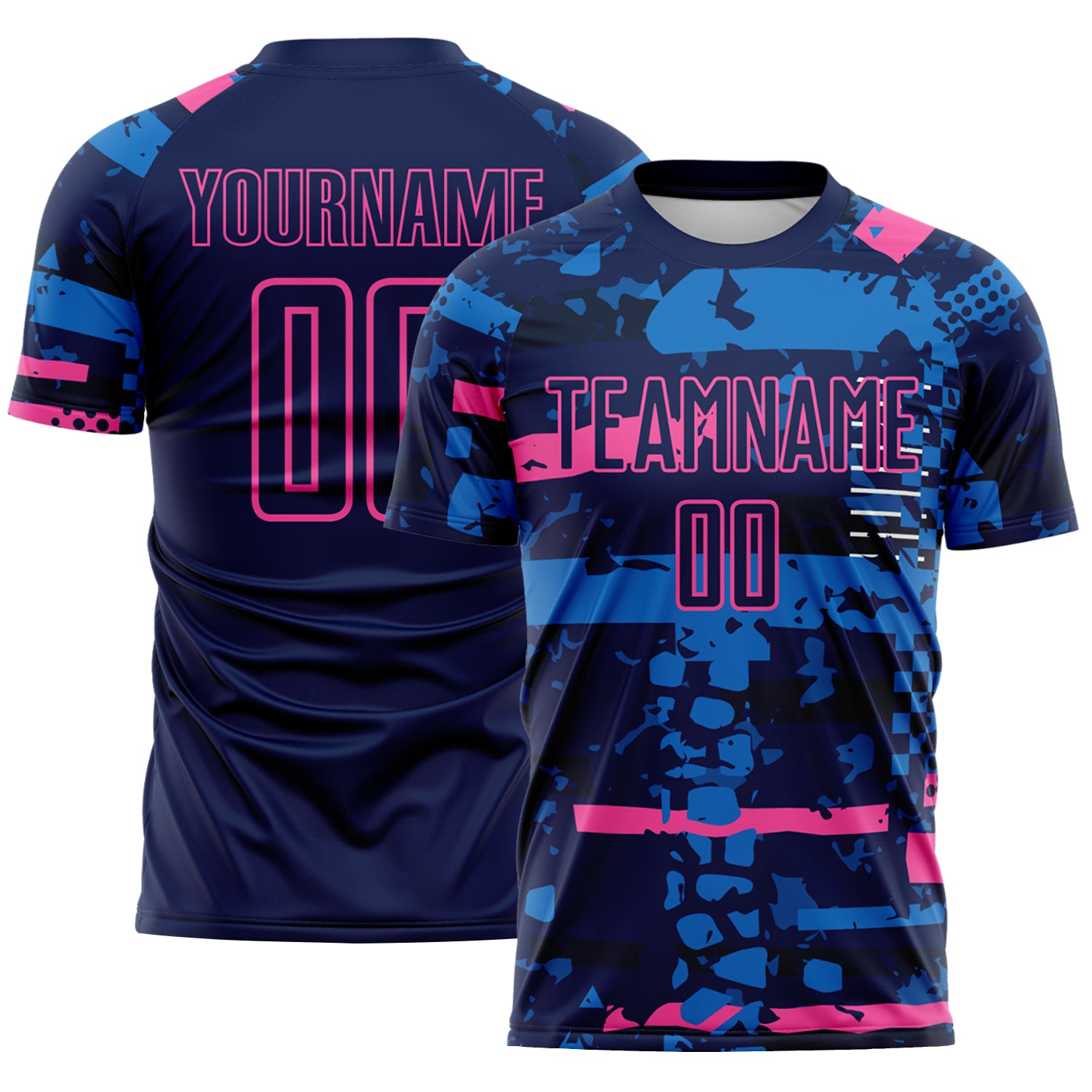 Custom Navy Pink-Blue Abstract Geometric Stripe Fragment Sublimation Soccer Uniform Jersey
