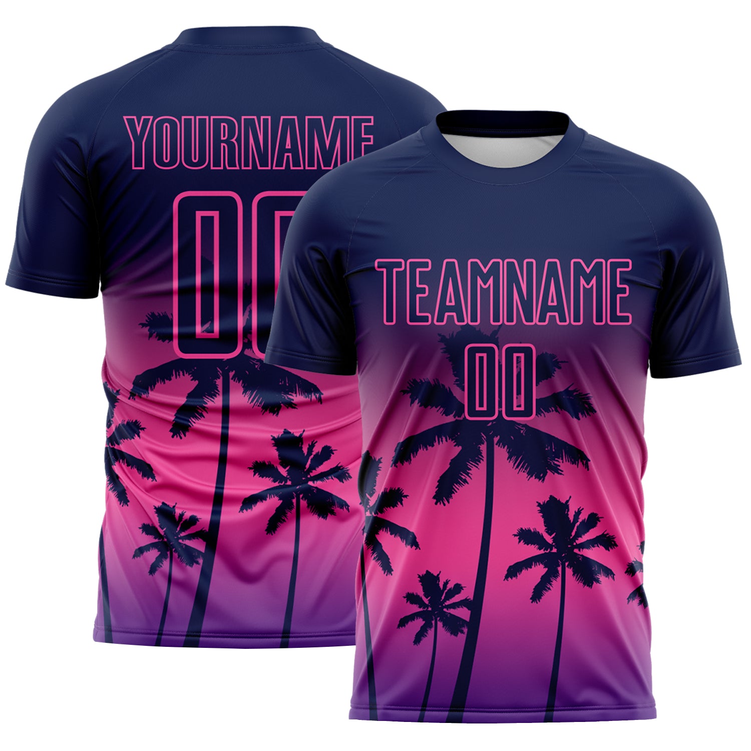 Custom Navy Pink-Purple Tropical Hawaii Palm Trees Gradient Sublimation Soccer Uniform Jersey