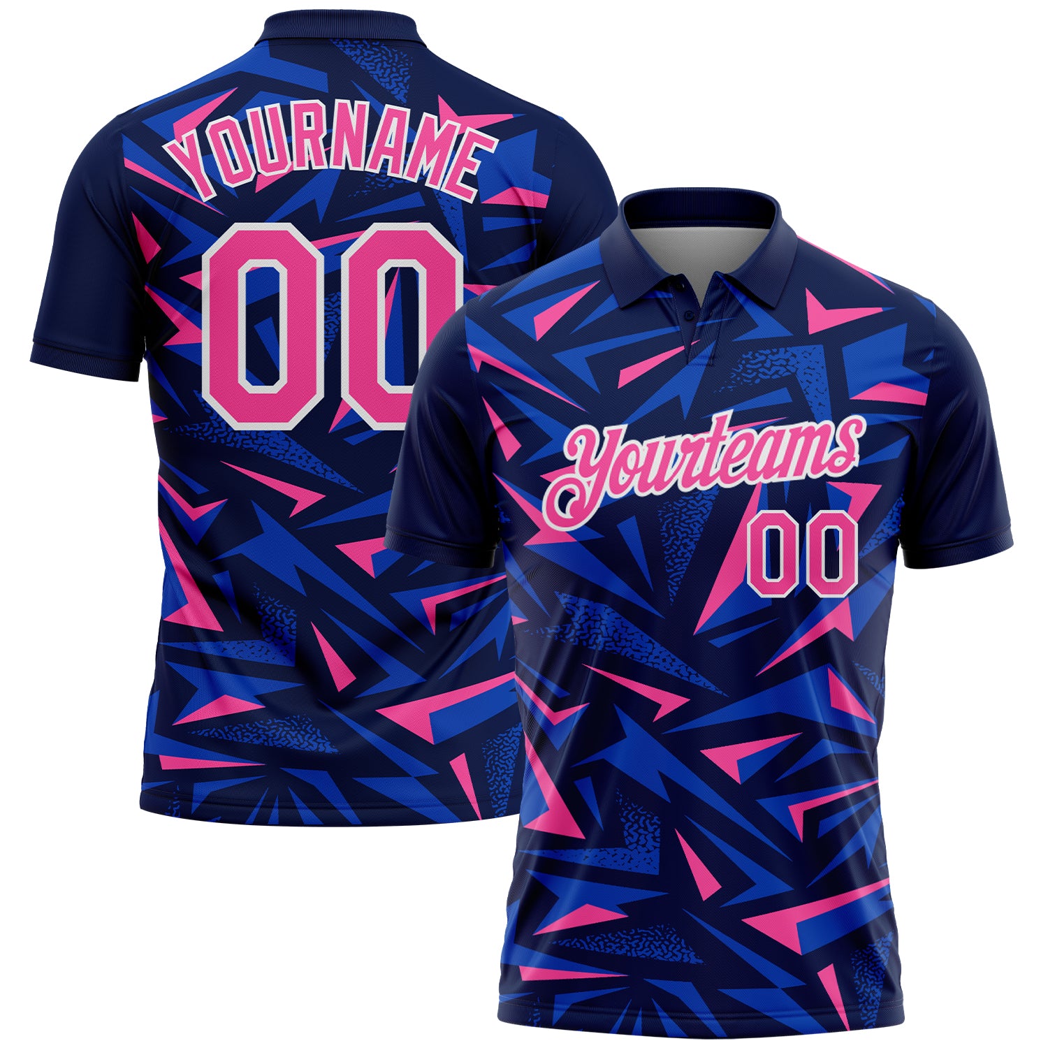 Custom Navy Pink Thunder Blue-White Cyber Mecha E-sport Geometric Shards Spike Performance Polo Shirt