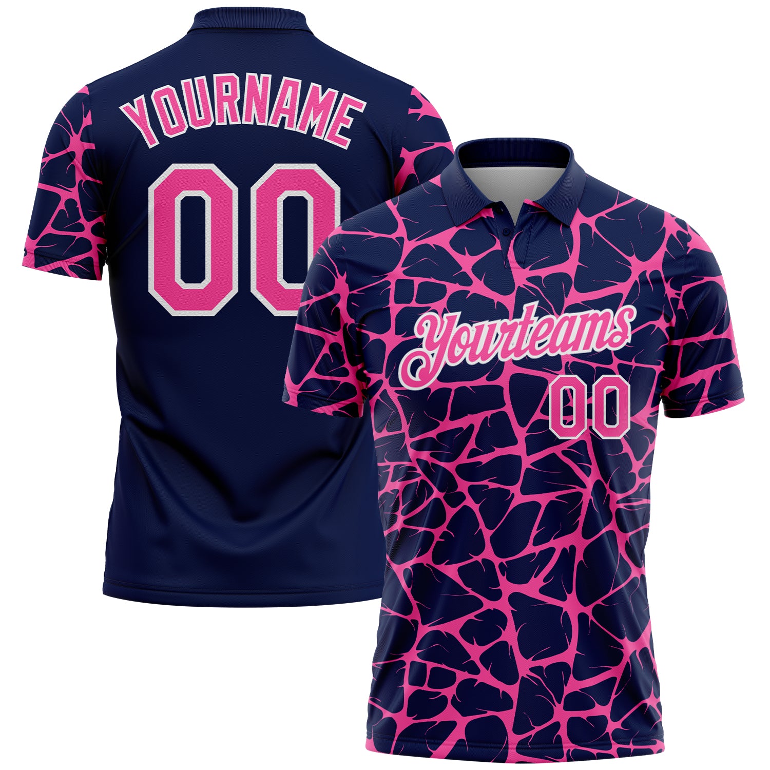 Custom Navy Pink-White 3D Pattern Abstract Network Crackle Performance Polo Shirt