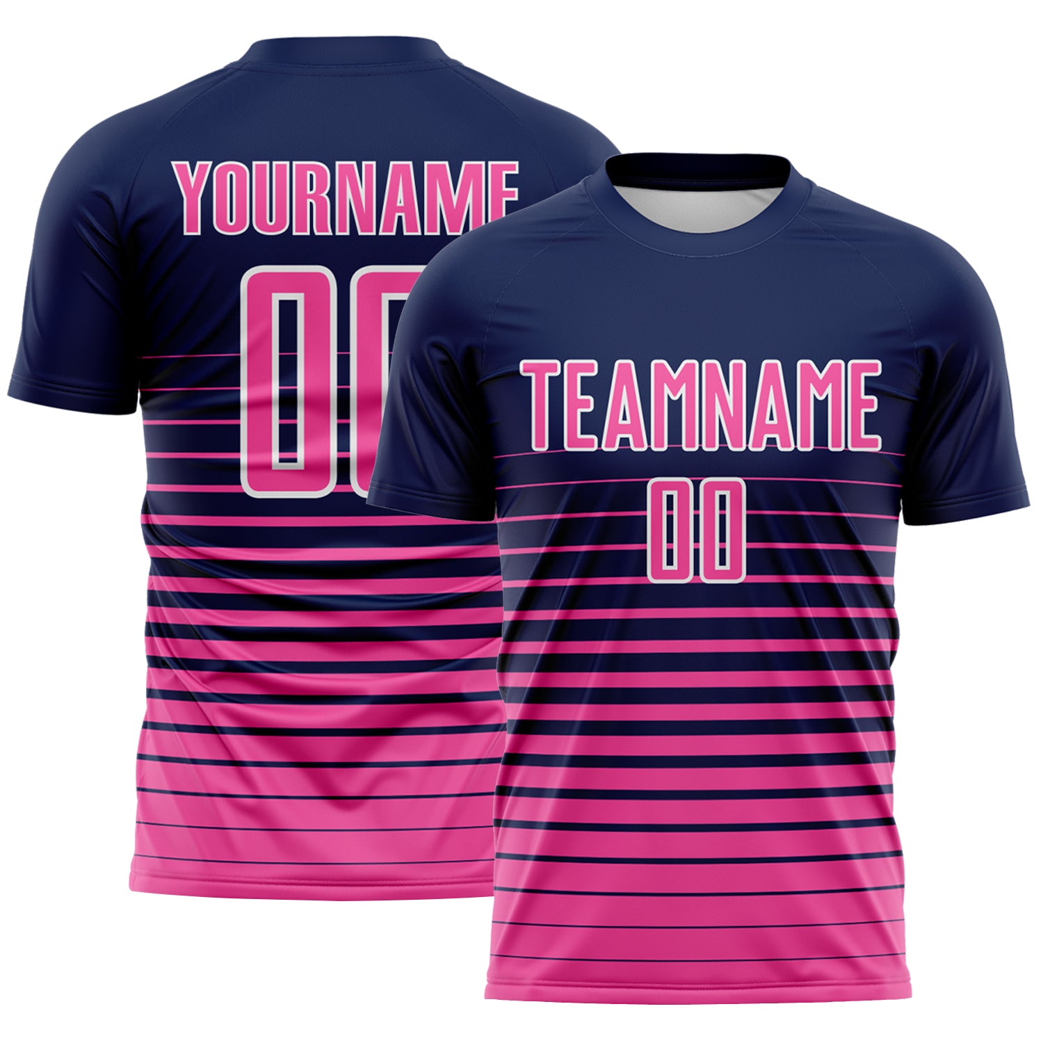 Custom Navy Pink-White Gradient Pinstripe Sublimation Soccer Uniform Jersey