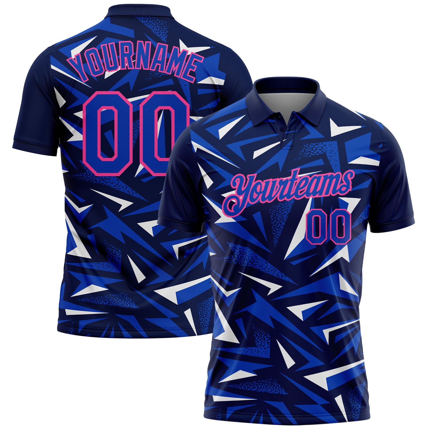 Custom Navy Thunder Blue White-Pink Cyber Mecha E-sport Geometric Shards Spike Performance Polo Shirt